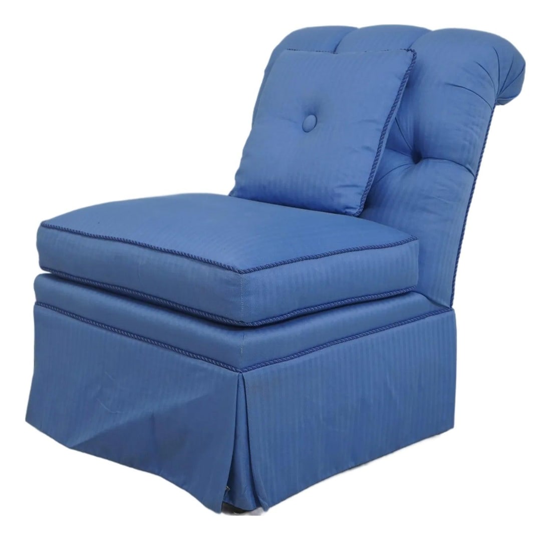 Blue Tufted Upholstered Boudoir Chair by Kindel: Blue Tufted Upholstered Boudoir Chair by Kindel This Kindel boudoir chair features a blue upholstered finish with a tufted back, offering a classic and elegant look. The chair is approximately 30 year