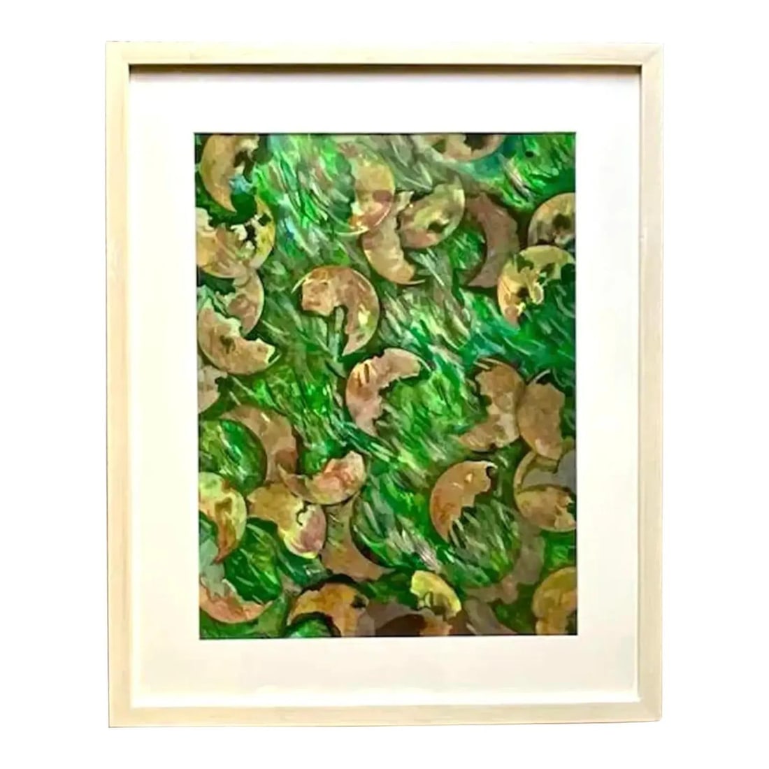 Abstract Green Oil Artwork on Paper with Organic Leaf Motif: Abstract Green Oil Artwork on Paper with Organic Leaf Motif This vintage Albino original oil painting on paper features a dynamic composition of organic shapes in vibrant green tones, accented by eart