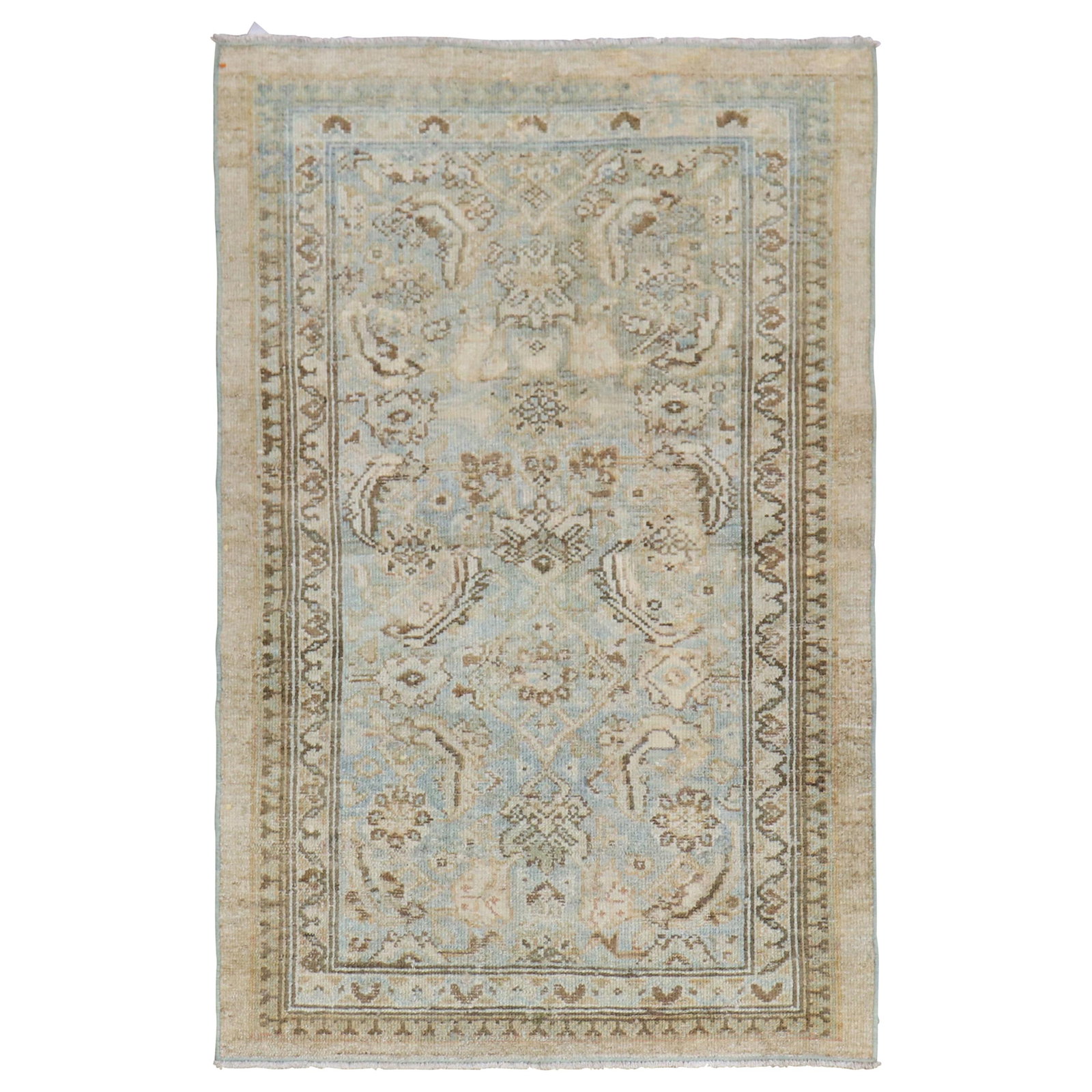 Antique Persian Serab Small Rug in Powder Blue and Camel: Antique Persian Serab Small Rug in Powder Blue and Camel Discover the exquisite beauty of this early 20th century Persian Serab rug, featuring a stunning combination of powder blue and camel accents. 