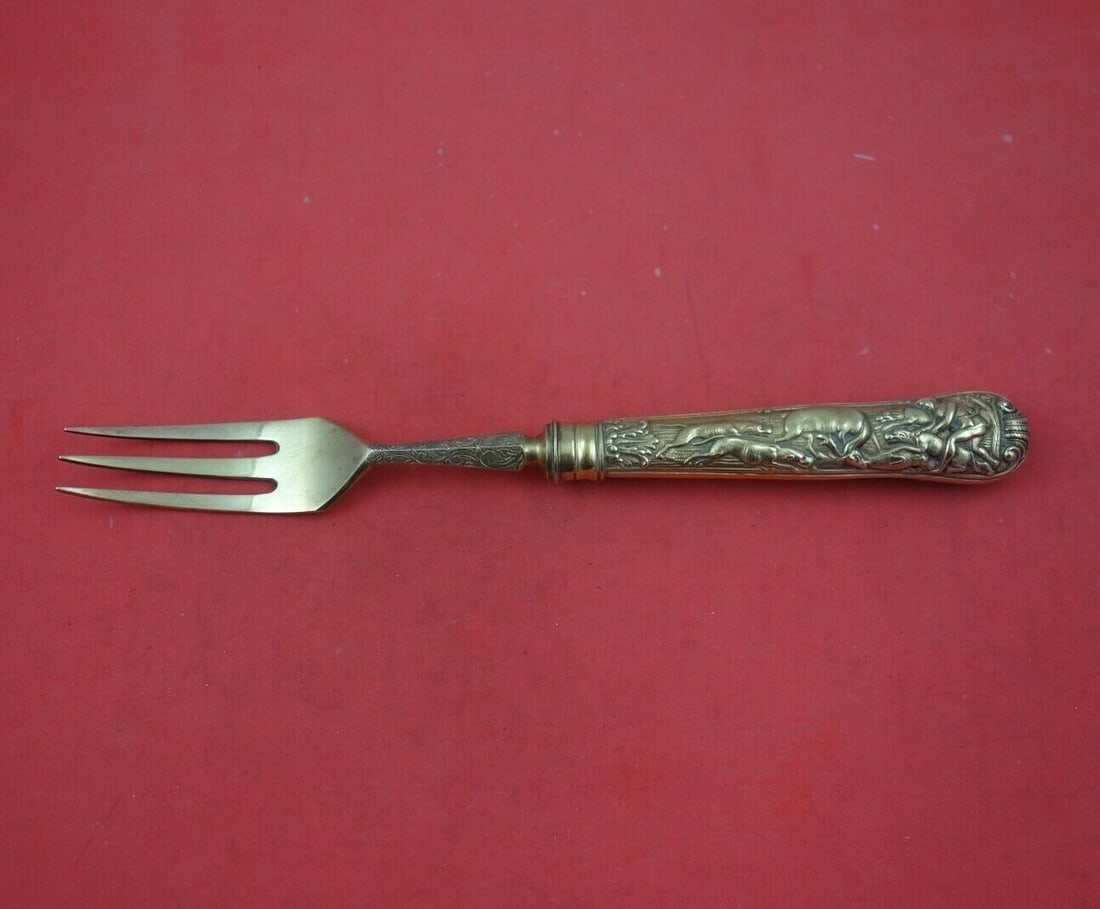 Stag Hunt 3-Tine Sterling Silver Serving Fork Vermeil UK 9 3/4": Stag Hunt 3-Tine Sterling Silver Serving Fork Vermeil UK 9 3/4" Elevate your dining experience with this exquisite Stag Hunt Serving Fork, crafted from high-quality English sterling silver. This 3-tin