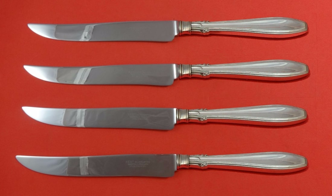Gorham Nocturne Sterling Silver Steak Knife Set 4pc Texas Sized: Gorham Nocturne Sterling Silver Steak Knife Set 4pc Texas Sized Elevate your dining experience with this exquisite 4-piece steak knife set from Gorham, featuring the elegant Nocturne pattern. Each kni