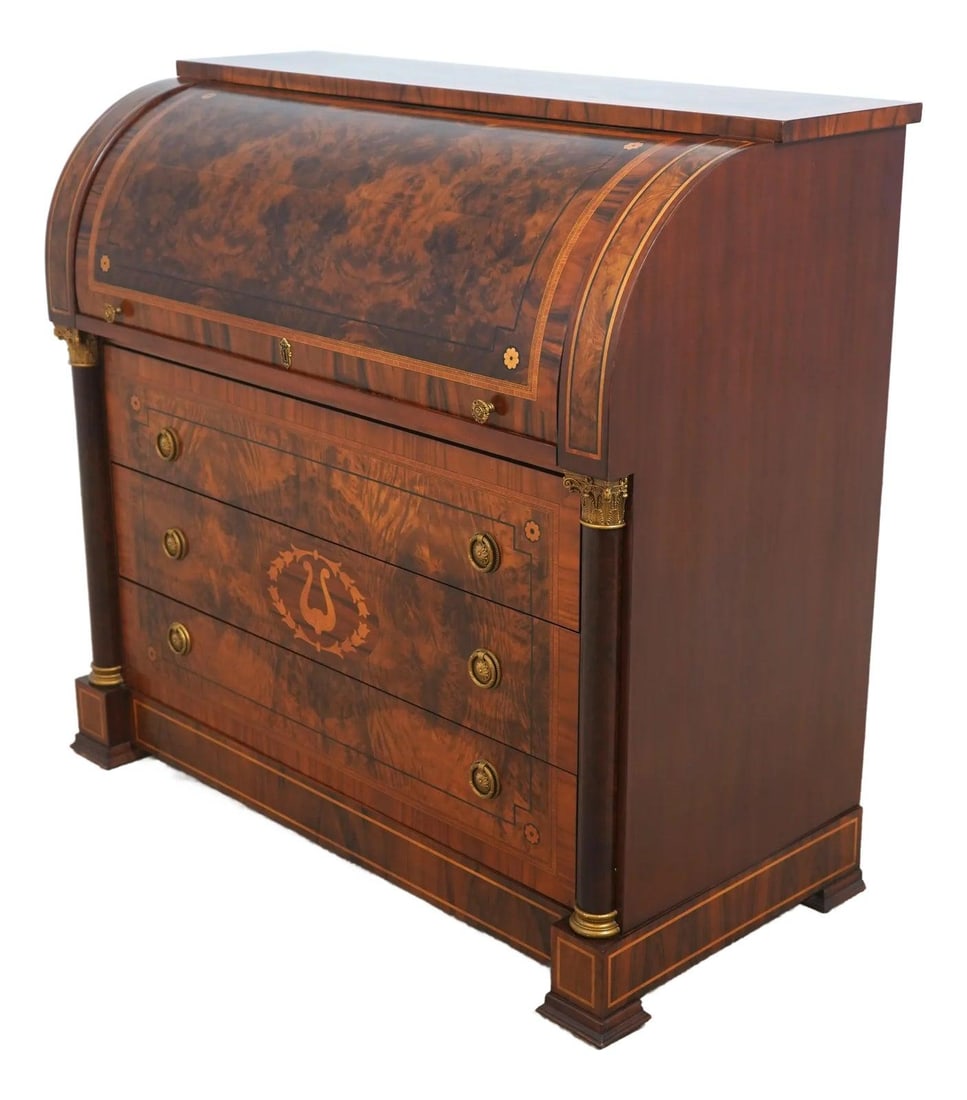 Italian Neoclassical Walnut Cylinder Roll Top Desk with Inlay: Italian Neoclassical Walnut Cylinder Roll Top Desk with Inlay This exquisite Italian Neoclassical Inlaid Walnut Cylinder Roll Top Desk showcases timeless elegance and craftsmanship. Designed approxima