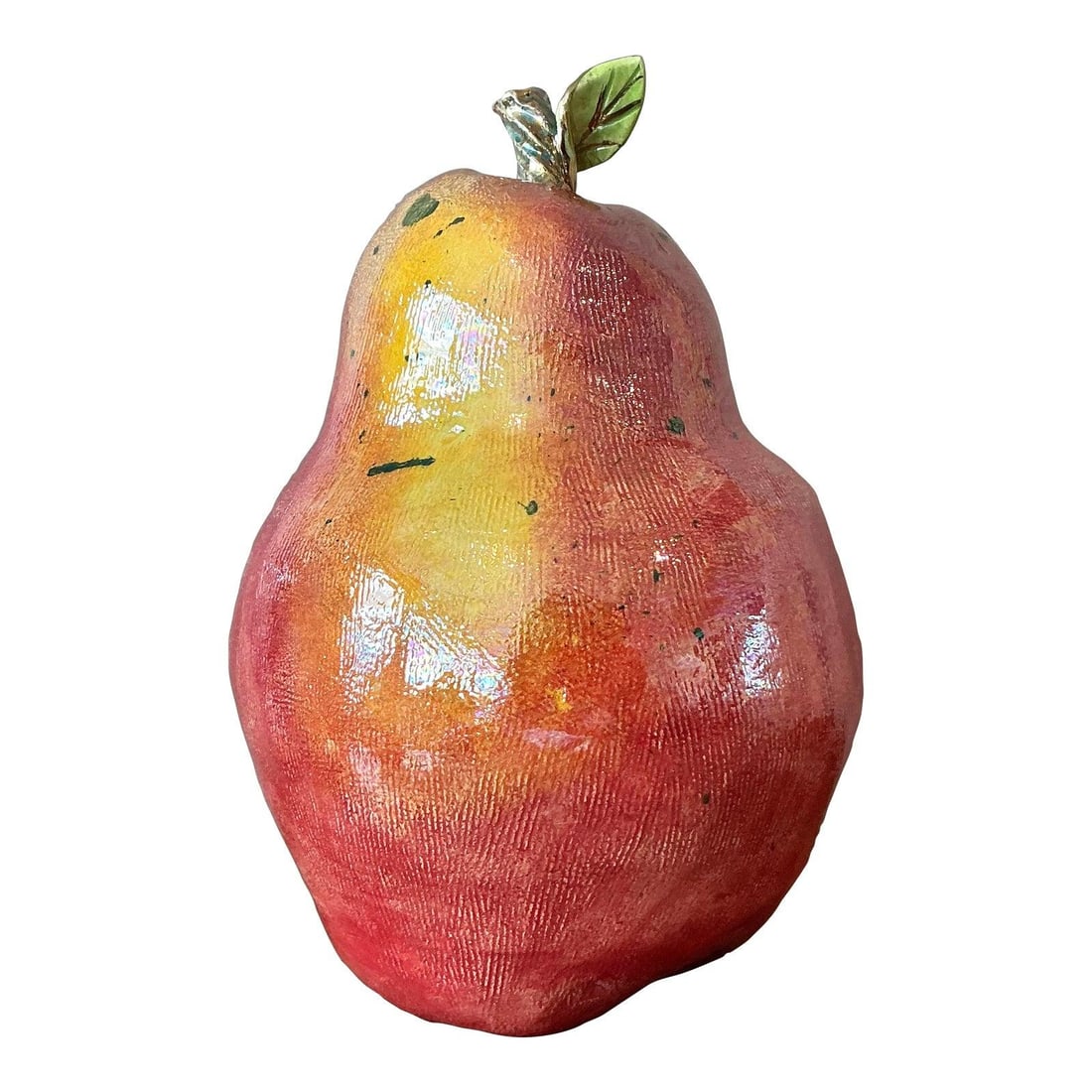 Hollywood Regency Red Glazed Ceramic Oversized Pear Sculpture 18.75 Inch: Hollywood Regency Red Glazed Ceramic Oversized Pear Sculpture 18.75 Inch This vintage glazed ceramic pear features a bold, oversized form and a vibrant iridescent red finish, embodying the playful gra