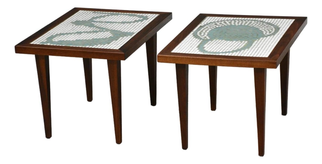 Pair of Mid Century Walnut End Tables with Tile Tops Circa 1960s: Pair of Mid Century Walnut End Tables with Tile Tops Circa 1960s This pair of mid-century modern end tables features walnut construction with elegant tile tops. Professionally refinished, these tables