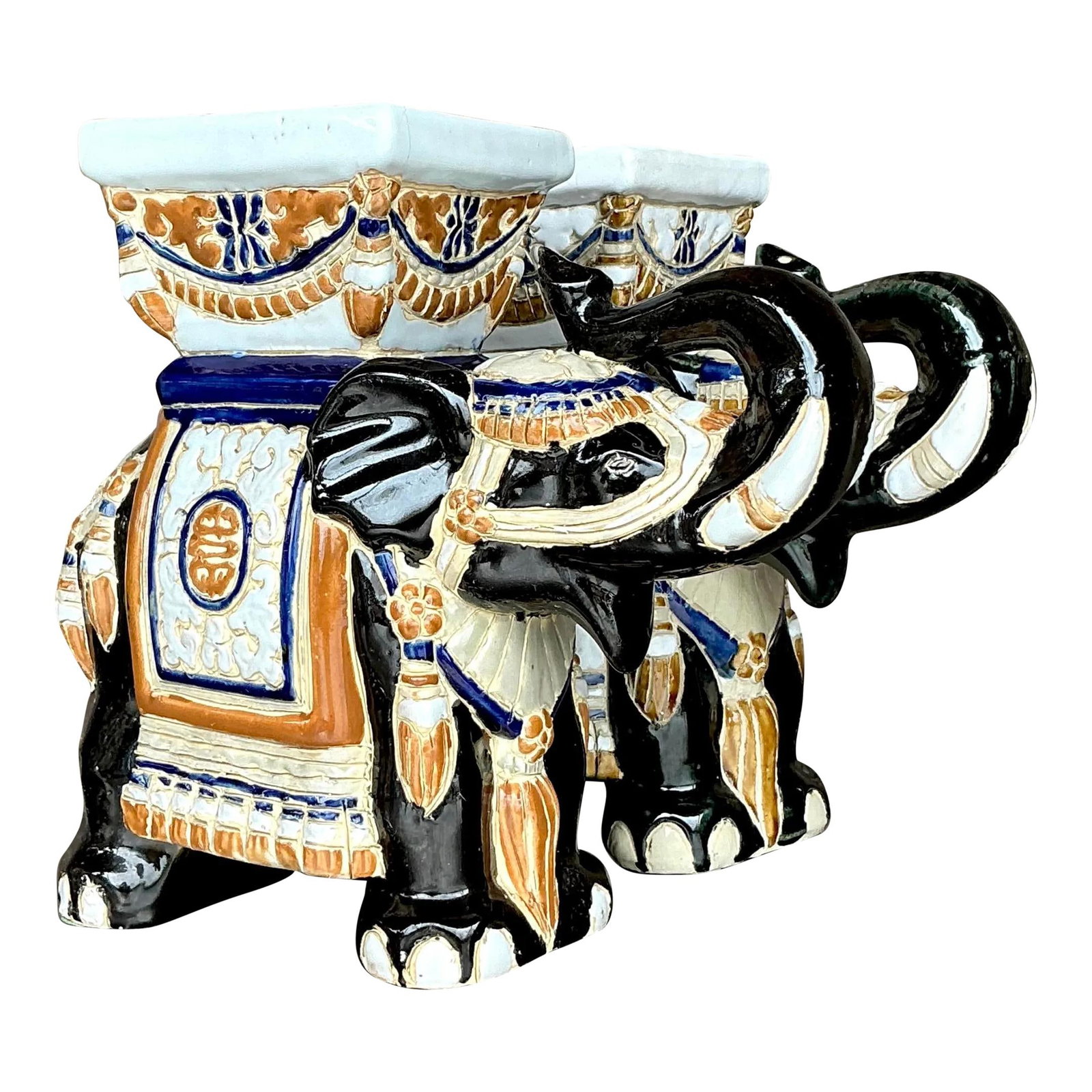 Set of 2 Vintage Boho Ceramic Elephant Planters 9.5x4x8.75: Set of 2 Vintage Boho Ceramic Elephant Planters 9.5x4x8.75 Enhance your garden or indoor space with this exquisite set of two vintage boho glazed ceramic elephant planters. Each planter features a det