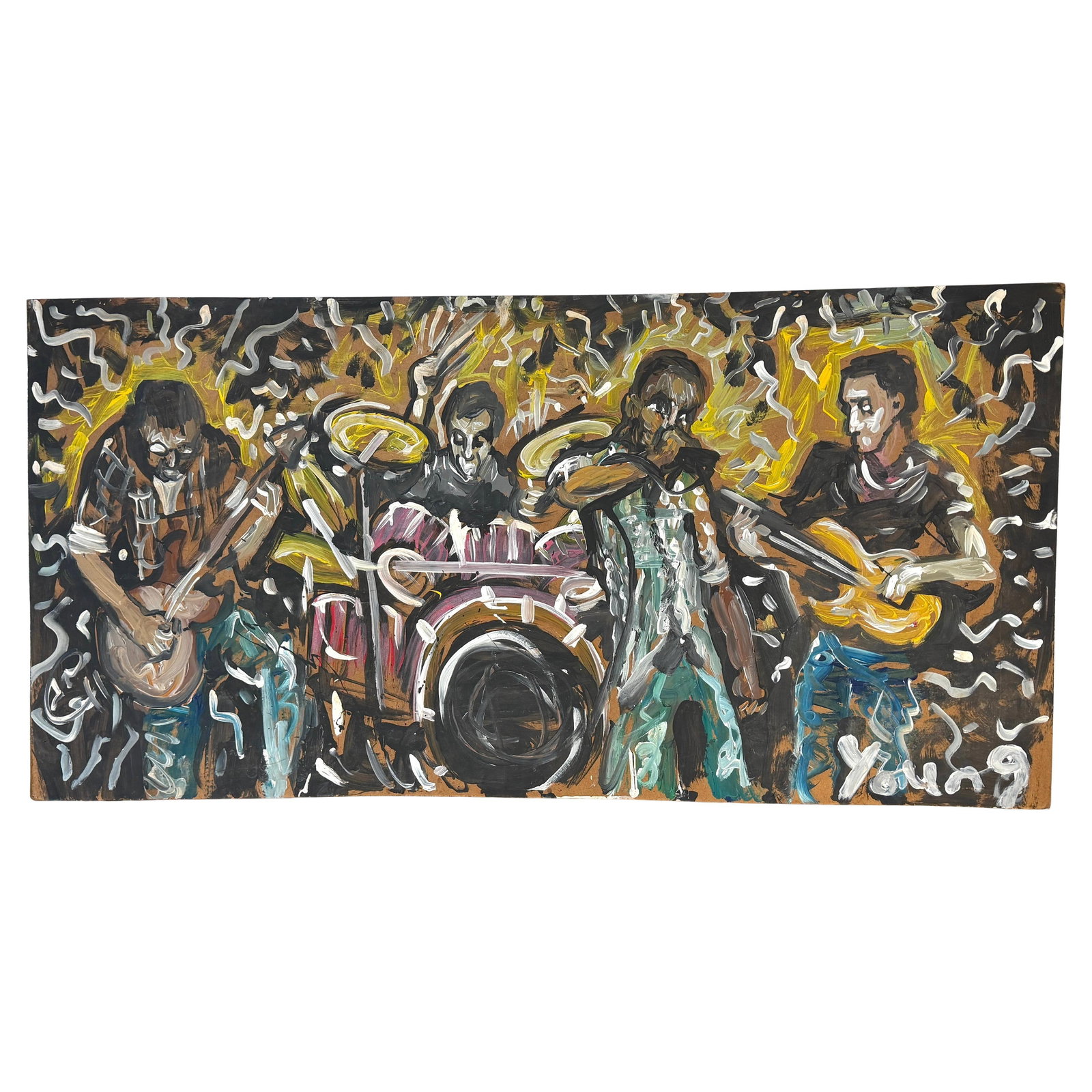 Purvis Young Early 1970s Acrylic Painting of Haloed Musicians on Board: Purvis Young Early 1970s Acrylic Painting of Haloed Musicians on Board "Band of Saints (Haloed Musicians)" is an early period painting by Purvis Young, created in the 1970s. This modern work, executed