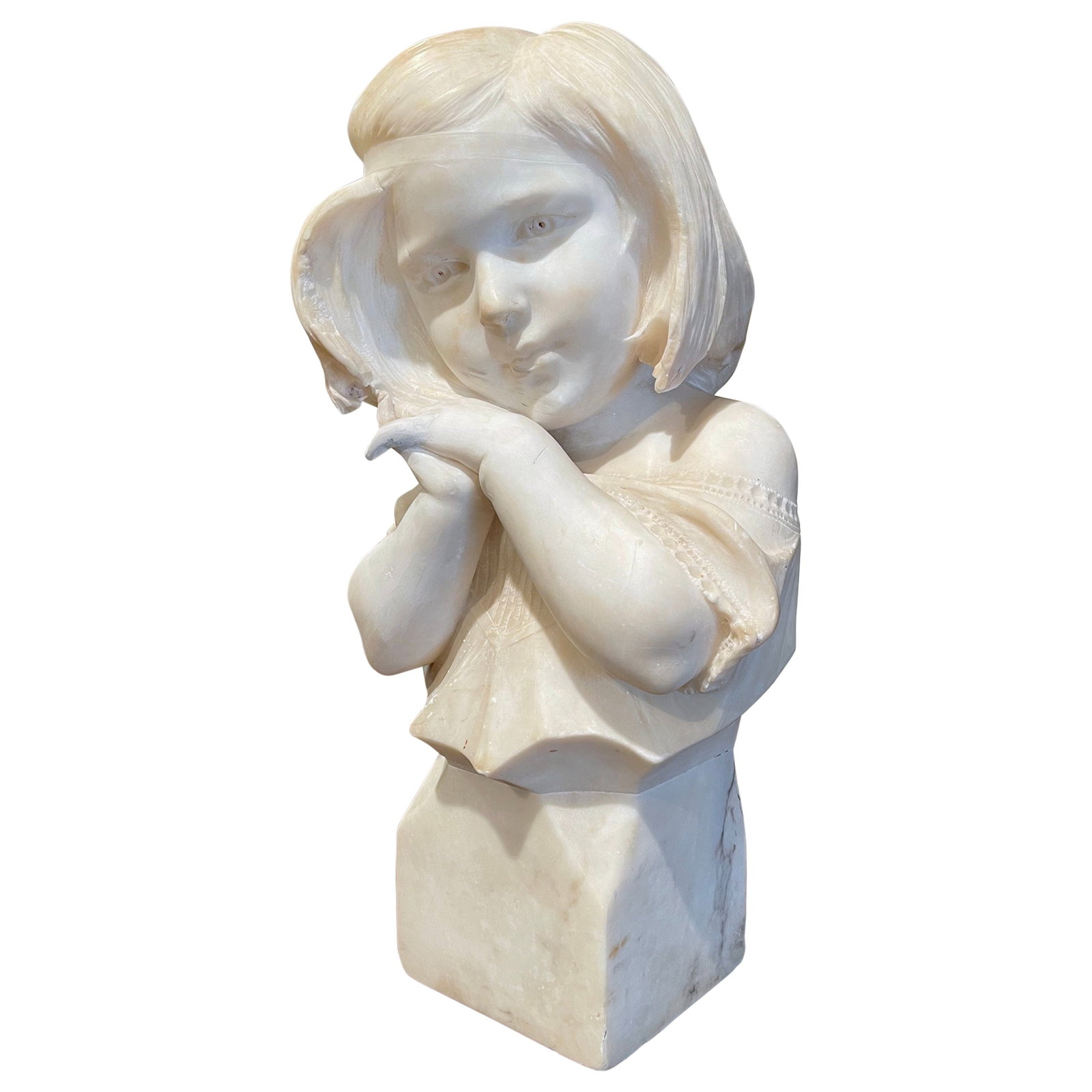 19th Century French Hand-Carved Two-Tone Marble Bust of Young Beauty: 19th Century French Hand-Carved Two-Tone Marble Bust of Young Beauty This exquisite 19th Century French carved bust, crafted from two-tone white marble, embodies the elegance of French artistry. Stand