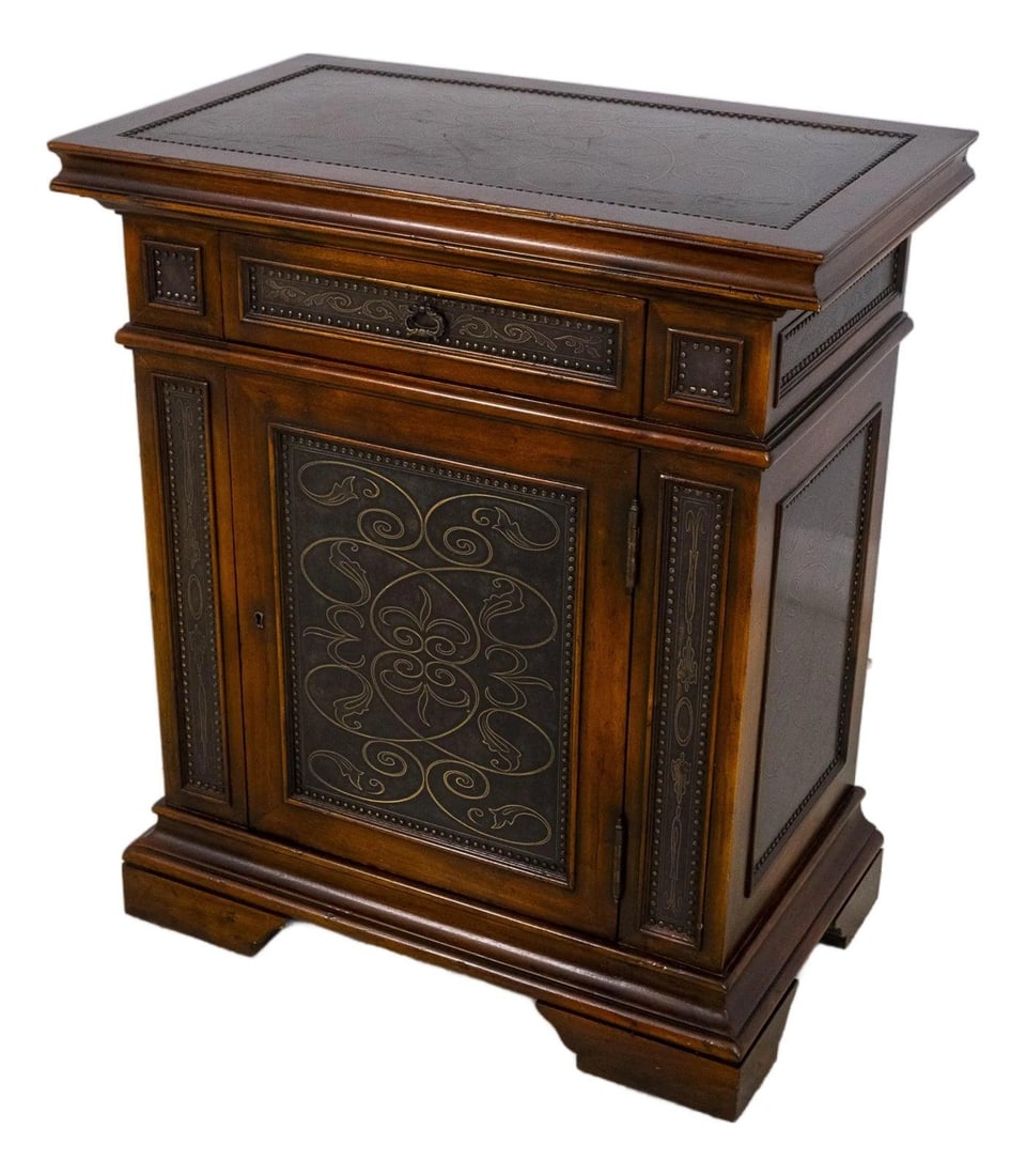 Theodore Alexander Mahogany Cabinet Commode with Copper Surface: Theodore Alexander Mahogany Cabinet Commode with Copper Surface This exquisite Theodore Alexander Incised Copper Surface Cabinet Commode showcases the elegance of Italian style with its solid mahogany