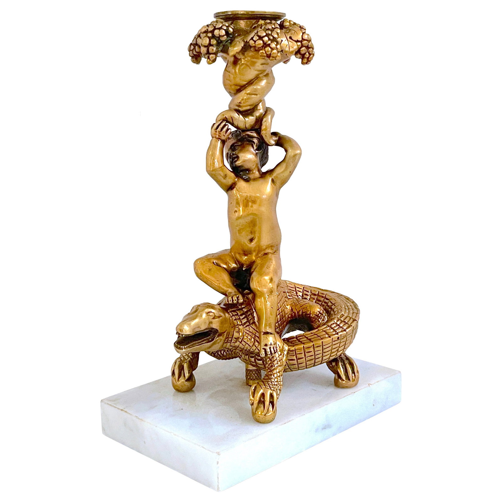 Italian Renaissance Gilt Bronze Marble Putti Crocodile Candlestick 10in: Italian Renaissance Gilt Bronze Marble Putti Crocodile Candlestick 10in Experience the timeless elegance of this Italian Renaissance style gilt bronze and marble putti on crocodile candlestick, dating