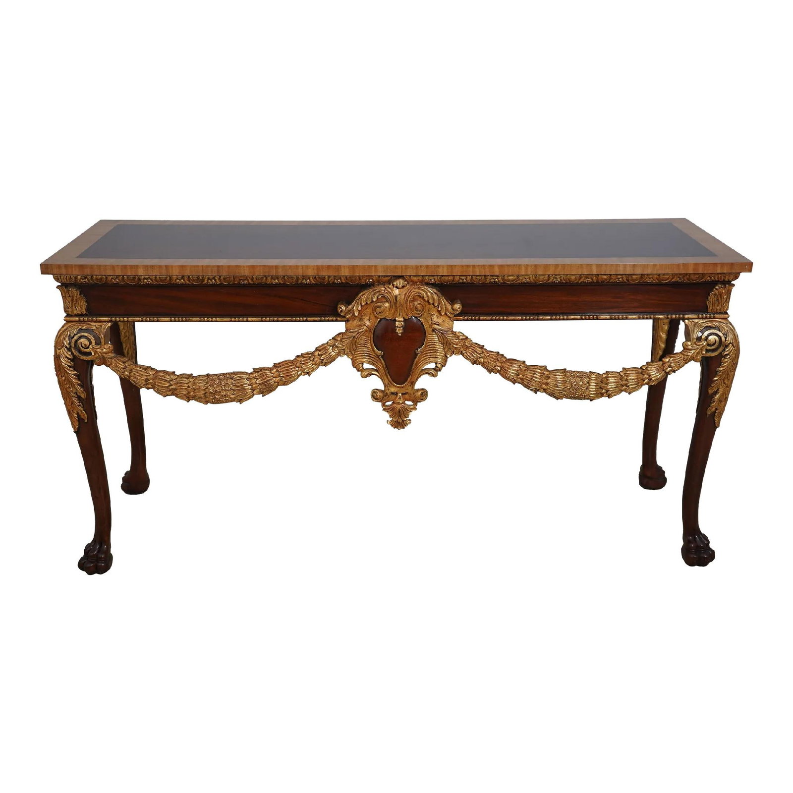 Maitland Smith Georgian Mahogany Console Table with Gold Gilt Details: Maitland Smith Georgian Mahogany Console Table with Gold Gilt Details This stunning Maitland Smith Georgian console table showcases an elegant reddish mahogany finish. Designed with intricate carvings