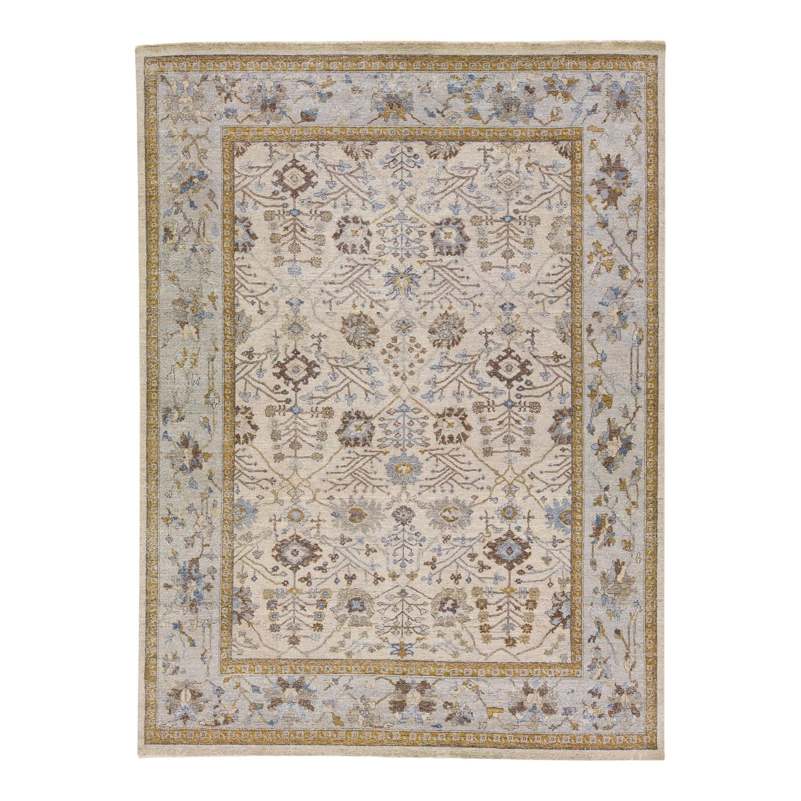 Artisan Collection Beige Floral Handmade Wool Rug 10'1 x 13'9: Artisan Collection Beige Floral Handmade Wool Rug 10'1 x 13'9 Introducing a stunning beige handmade floral Indian wool rug from the Artisan Collection. This unique rug reimagines the antique aesthetic