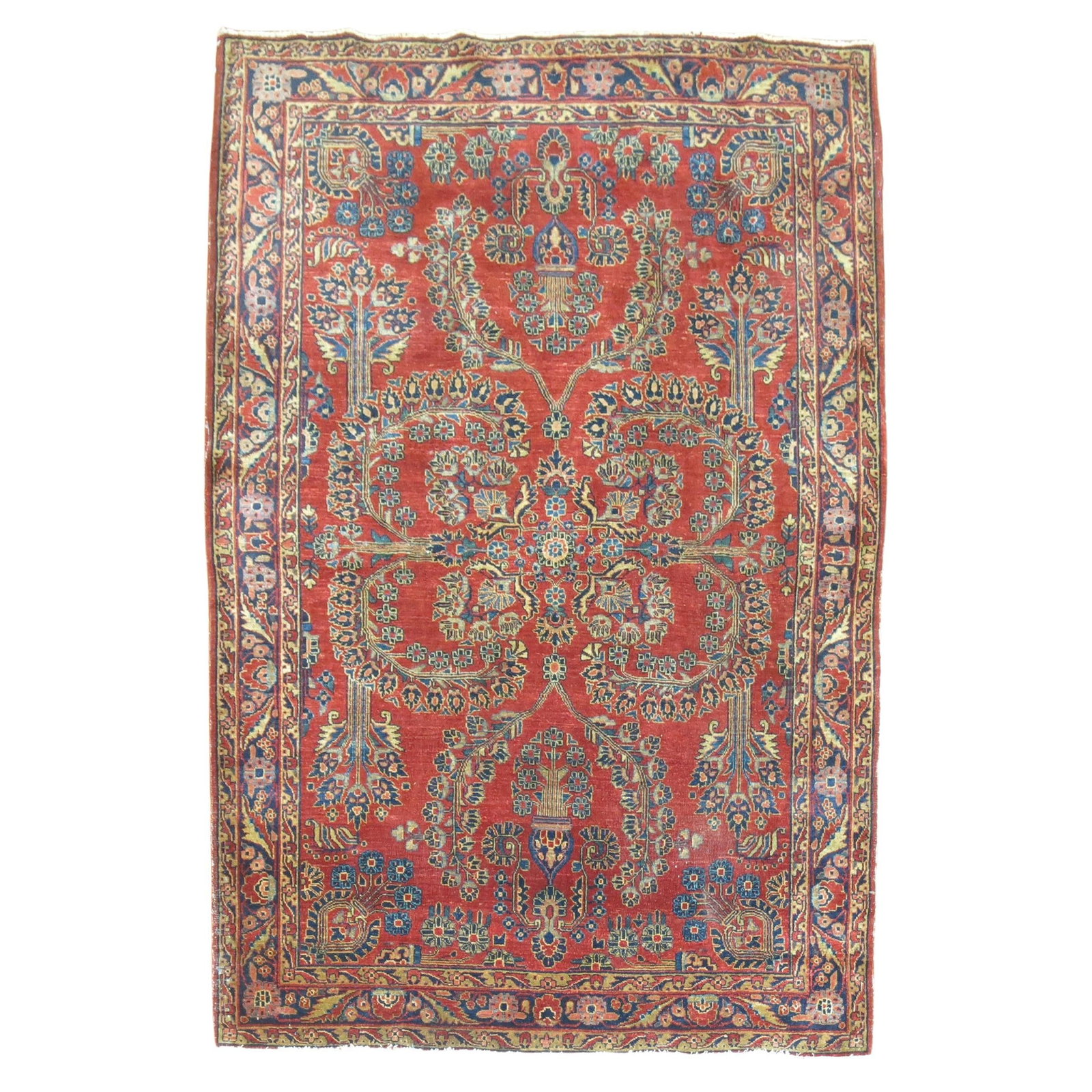 Rare Early 20th Century Mohajeran Persian Sarouk Rug 52 x 78 Red Wool: Rare Early 20th Century Mohajeran Persian Sarouk Rug 52 x 78 Red Wool This exceptional early 20th Century Persian Sarouk rug features a stunning red field with a contrasting navy border, a rare color 