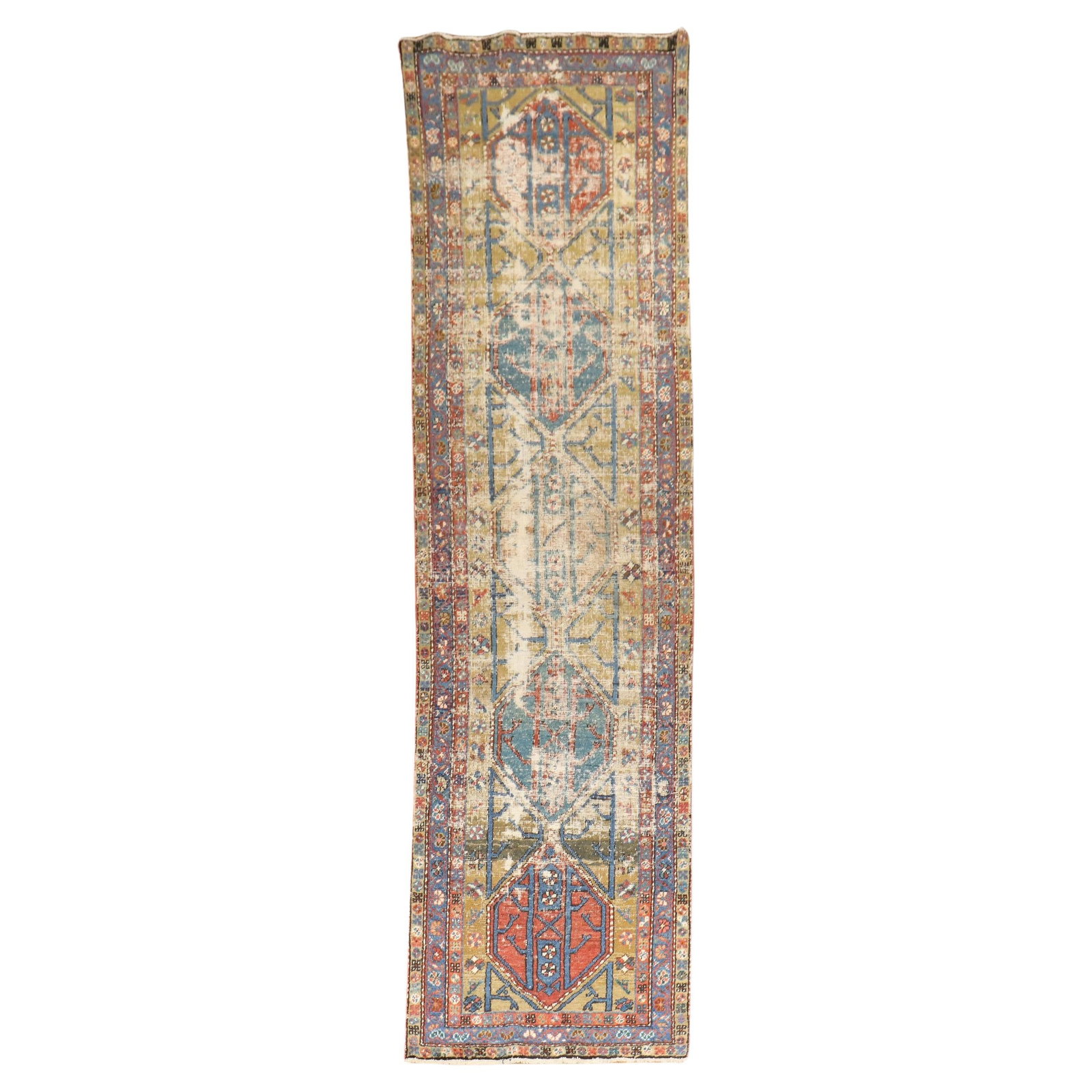 Zabihi Collection 20th Century Hand-Woven Persian Runner 2'9 x 10'7 Heriz Serapi Wool: Zabihi Collection 20th Century Hand-Woven Persian Runner 2'9 x 10'7 Heriz Serapi Wool Discover the exquisite craftsmanship of the Zabihi Collection with this Worn Distressed Tribal Persian Runner. Thi
