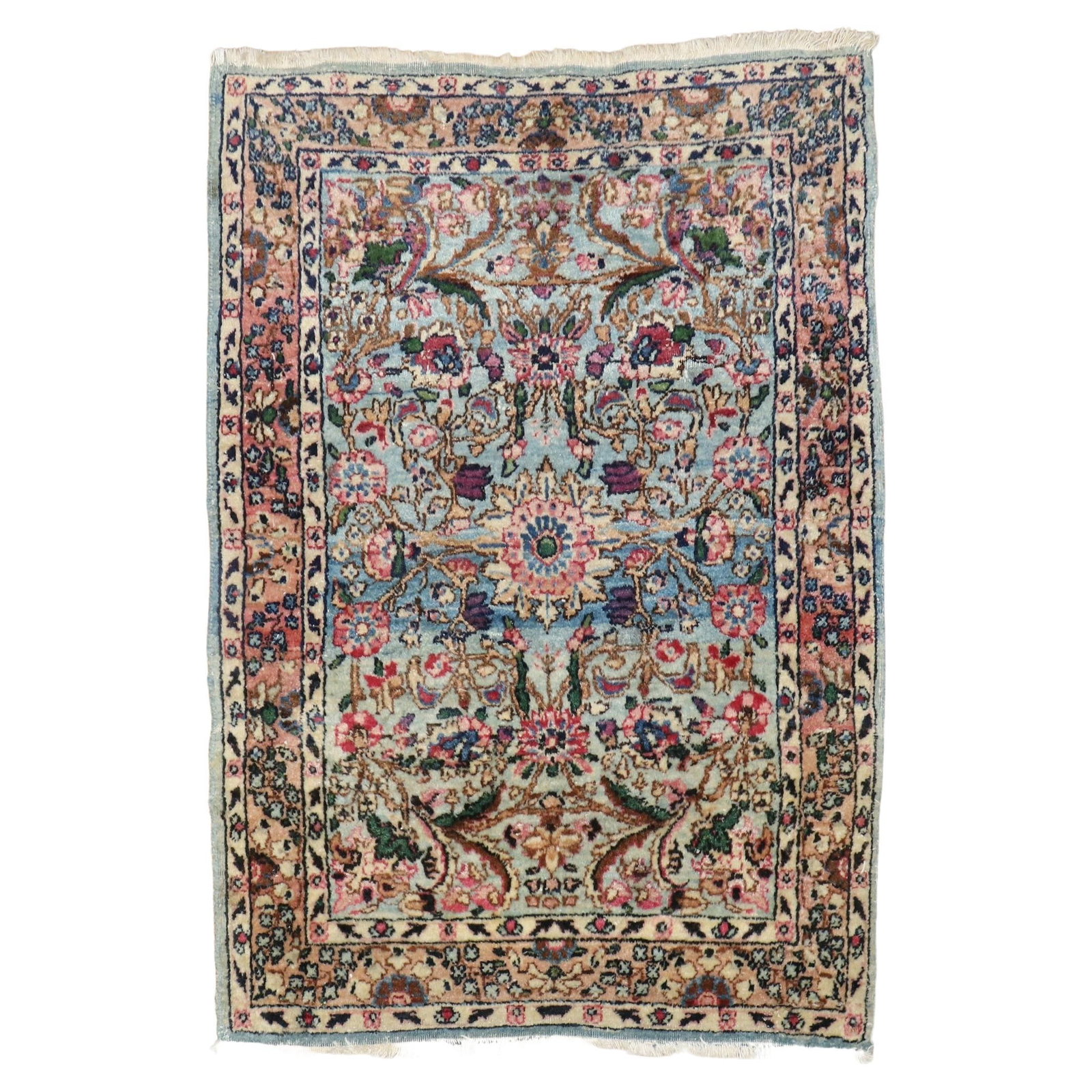 1920s Persian Kerman Hand-Woven Wool Rug Blue Pink 24 x 33: 1920s Persian Kerman Hand-Woven Wool Rug Blue Pink 24 x 33 This exquisite traditional Kerman mat rug features a captivating blend of blue and pink hues, showcasing the artistry of Persian craftsmanshi