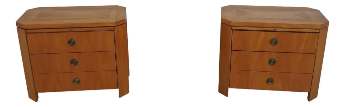 Set of Two Primavera Satinwood Nightstands With Brass Hardware and Parquetry Tops: Set of Two Primavera Satinwood Nightstands With Brass Hardware and Parquetry Tops This pair of Baker Charles Pfister Primavera nightstands features a modern Biedermeier style with high-quality dovetai