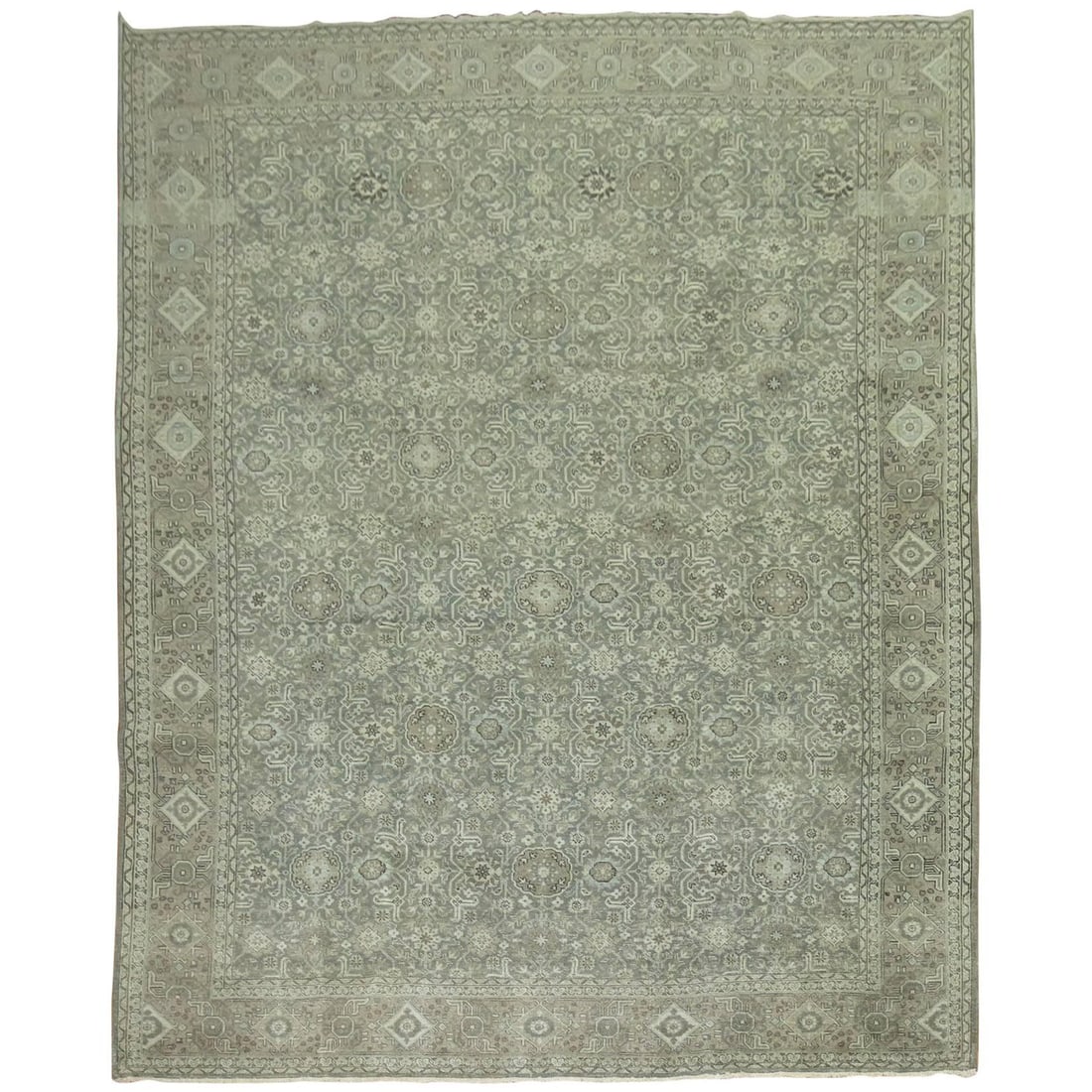 Antique Persian Tabriz Rug Hand-Knotted Wool 9' x 12'8'': Antique Persian Tabriz Rug Hand-Knotted Wool 9' x 12'8'' This exquisite Antique Persian Tabriz rug showcases a stunning blend of silver, green, blue, and brown hues, embodying the elegance of Scandina
