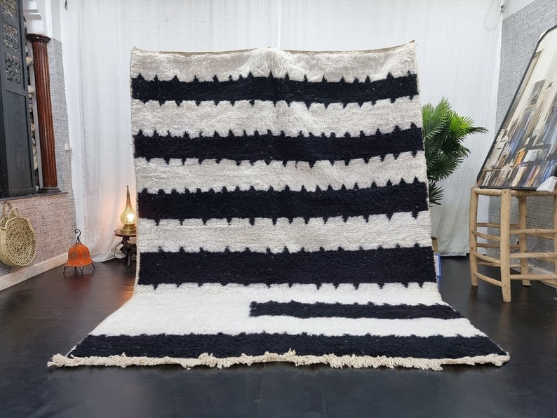 Handmade Moroccan Berber Wool Rug Soft White Black 9.84 x 6.56 Feet: Handmade Moroccan Berber Wool Rug Soft White Black 9.84 x 6.56 Feet Enhance your space with this stunning Soft White & Black Handmade Moroccan Berber Wool Rug. Skillfully handwoven in the Atlas Mounta