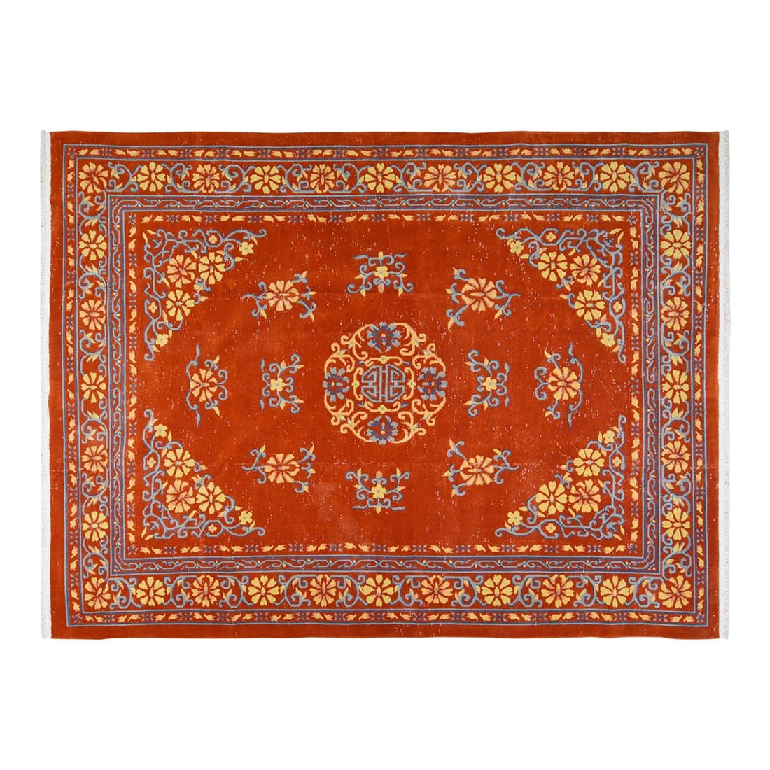 Hand-Knotted Wool Art Deco Rug with Chinese Design Orange: Hand-Knotted Wool Art Deco Rug with Chinese Design Orange This vintage Chinese Art Deco rug is hand-knotted from wool using traditional techniques, combining timeless craftsmanship with a modern desig