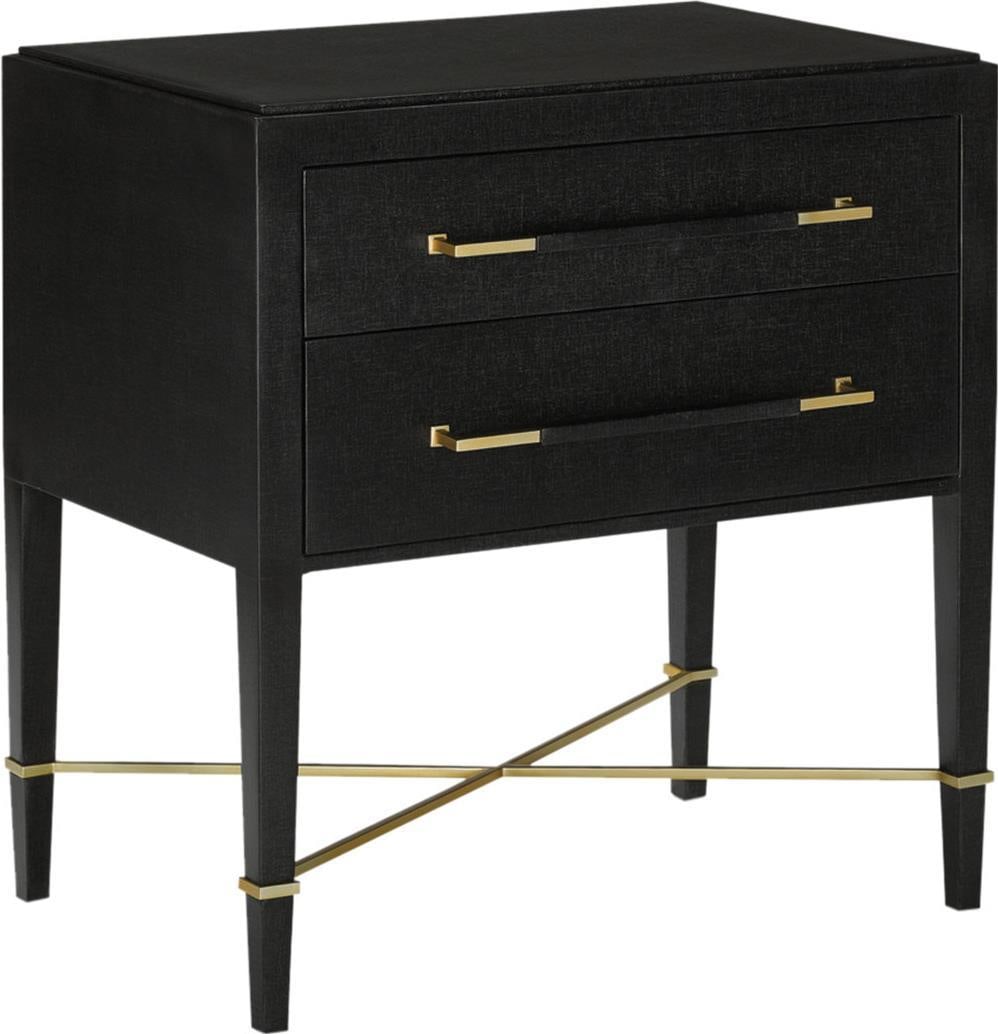 Currey Verona Transitional Black Lacquered Mahogany Nightstand: Currey Verona Transitional Black Lacquered Mahogany Nightstand This stylish Mahogany Black Nightstand combines transitional style with modern functionality. Crafted from engineered wood and featuring 