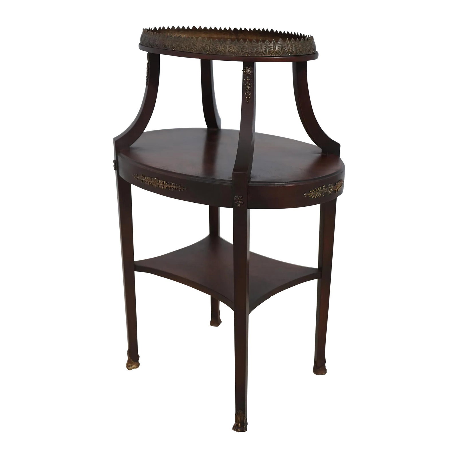 Elegant French Louis XV Style 2 Tier Table with Brass Ormolu: Elegant French Louis XV Style 2 Tier Table with Brass Ormolu This elegant French Louis XV Style 2 Tier Occasional Table showcases a timeless design with exquisite brass ormolu mounts. Crafted from woo