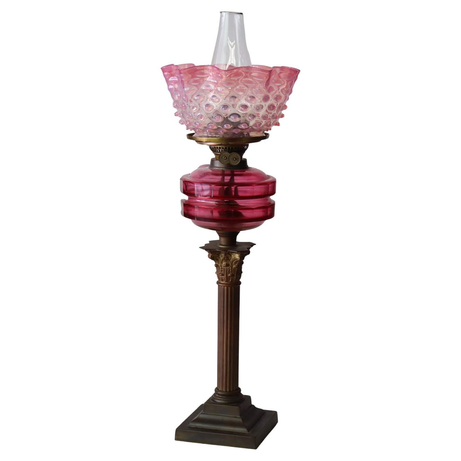 Antique John Scott Bronze & Cranberry Hobnail Glass Oil Lamp c1890: Antique John Scott Bronze & Cranberry Hobnail Glass Oil Lamp c1890 Discover this exquisite antique English oil lamp crafted by John Scott around 1890. This remarkable piece features a stunning combina