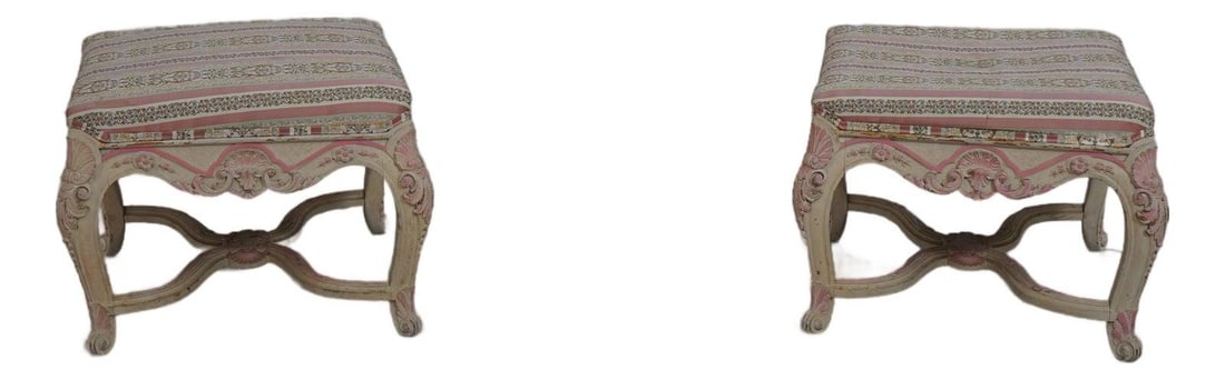 Elegant Pair of French Louis XVI Carved Benches with Distressed Finish: Elegant Pair of French Louis XVI Carved Benches with Distressed Finish This exquisite pair of French Louis XVI carved benches showcases fine craftsmanship and artistic detail. Featuring a charming ant