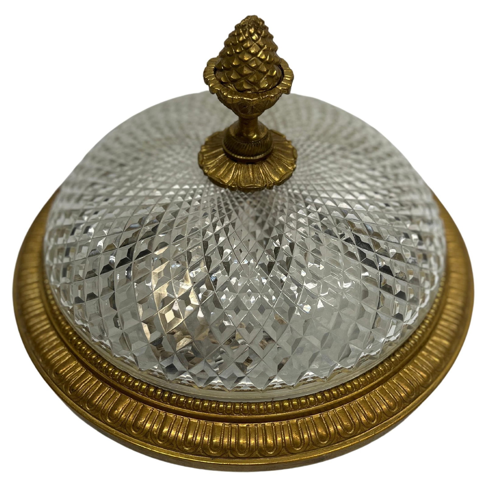 Antique French Gilt Bronze Crystal Regency Flush Mount Chandelier 2 Light: Antique French Gilt Bronze Crystal Regency Flush Mount Chandelier 2 Light This exquisite Antique French Gilt Bronze and Cut Crystal Flush Mount Chandelier showcases a refined Regency style, attributed