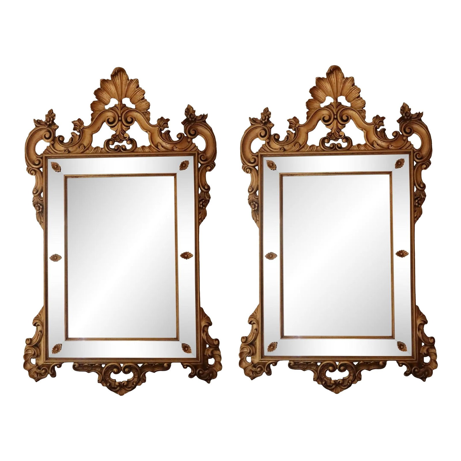 Karges French Louis XIV Gold Gilt Mirrors Pair with Smoked Glass: Karges French Louis XIV Gold Gilt Mirrors Pair with Smoked Glass This exquisite pair of French Louis XIV mirrors showcases fine carved details and high-quality construction. The mirrors feature a stun