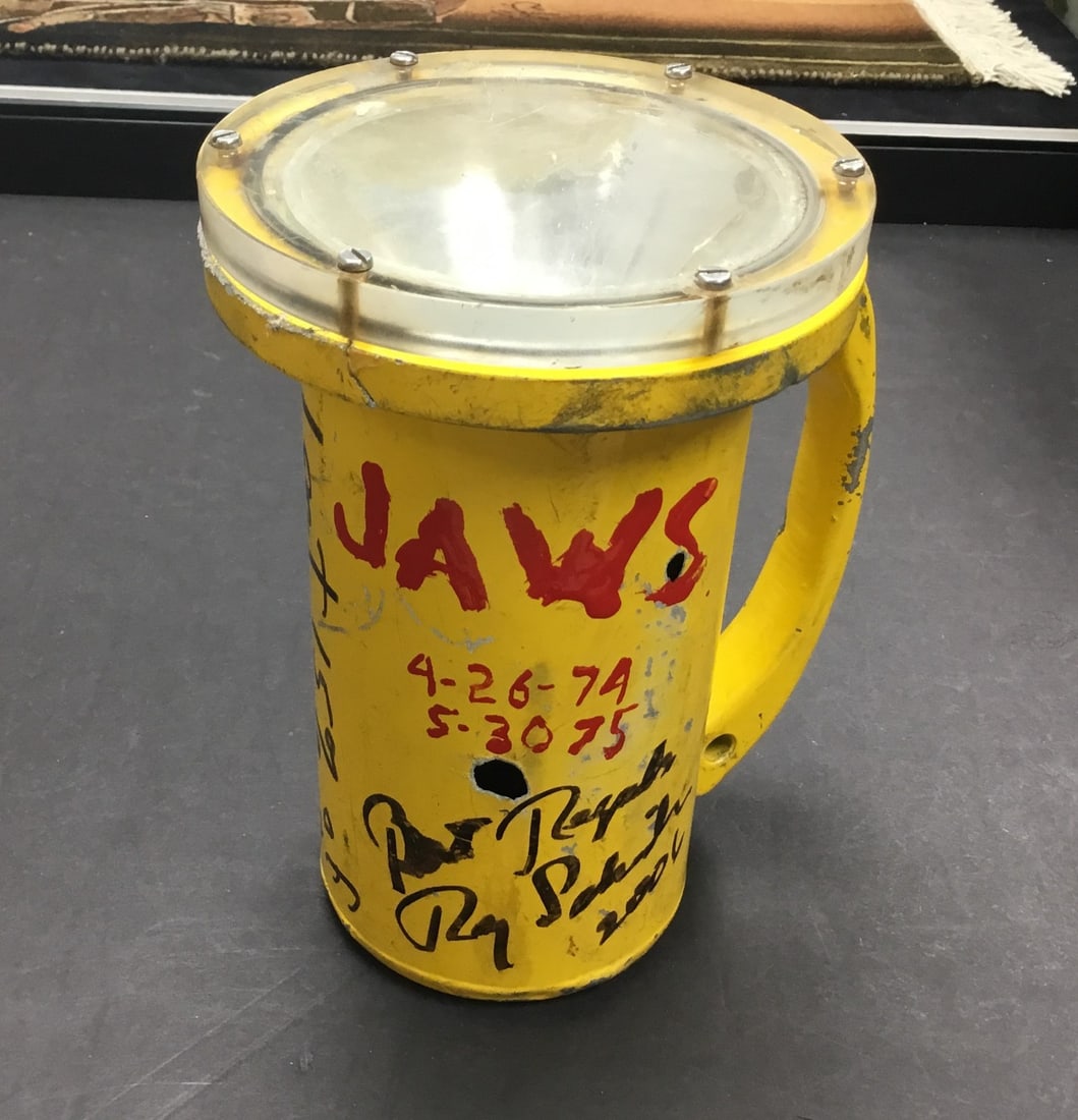 Jaws Screen-Used Divers Light Signed by Spielberg Scheider Dreyfuss JSA: Jaws Screen-Used Divers Light Signed by Spielberg Scheider Dreyfuss JSA This is a screen-used divers light from the iconic film Jaws, featuring signatures from legendary director Steven Spielberg, alo