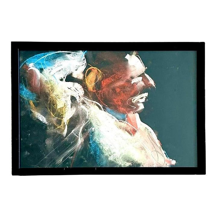 Figural Oil Crayon Artwork on Paper with Spectral Motifs: Figural Oil Crayon Artwork on Paper with Spectral Motifs This vintage Boho figural painting is created with oil crayon on paper, featuring two spectral figures set against a dark onyx background. One 