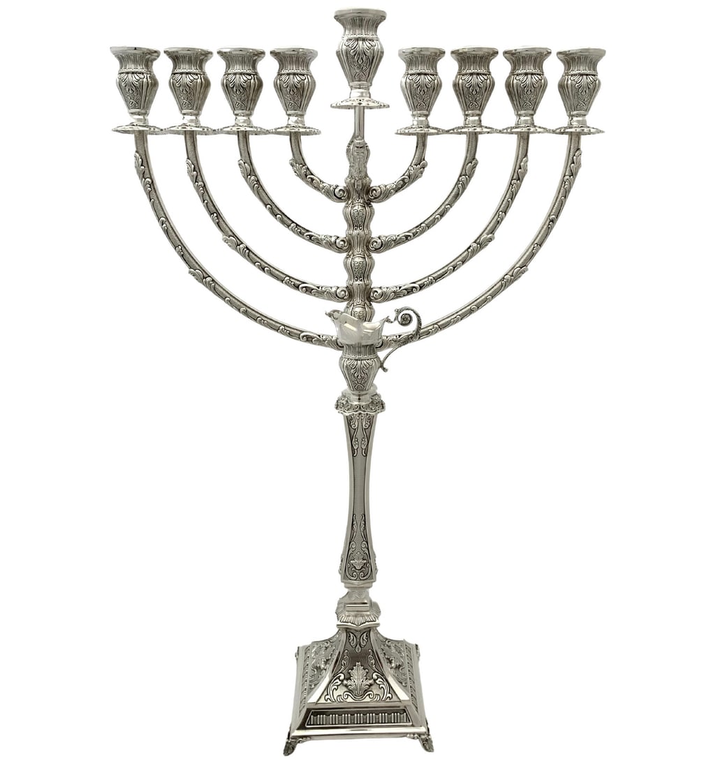 Handmade 925 Sterling Silver Menorah with Chased Leaf Applique Matte Shiny Finish: Handmade 925 Sterling Silver Menorah with Chased Leaf Applique Matte Shiny Finish This fine large Hanukkah menorah is crafted from 925 sterling silver and features handmade chased leaf applique design