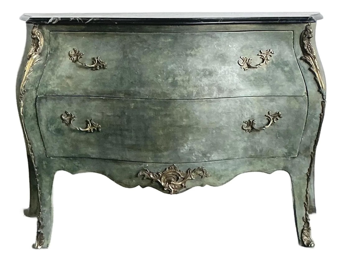 Louis XV Style Verdigris Bombe Chest With Gilt Accents and Black Marble Top: Louis XV Style Verdigris Bombe Chest With Gilt Accents and Black Marble Top This vintage bombe chest captures the dramatic curves and romantic style of 18th-century France, crafted in the Louis XV tra
