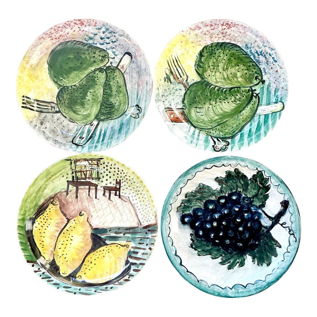 Set of Four Hand Painted Mediterranean Ceramic Plates with Fruit Motifs: Set of Four Hand Painted Mediterranean Ceramic Plates with Fruit Motifs This set of four vintage hand-painted ceramic plates showcases the rustic artistry of Italian faience or majolica traditions. Ea