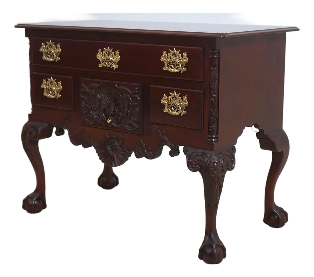 Kindel Winterthur Mahogany Lowboy with Ball & Claw Feet: Kindel Winterthur Mahogany Lowboy with Ball & Claw Feet This exquisite Kindel Winterthur Ball & Claw Mahogany Lowboy features a rich reddish mahogany finish that beautifully showcases its Chippendale 
