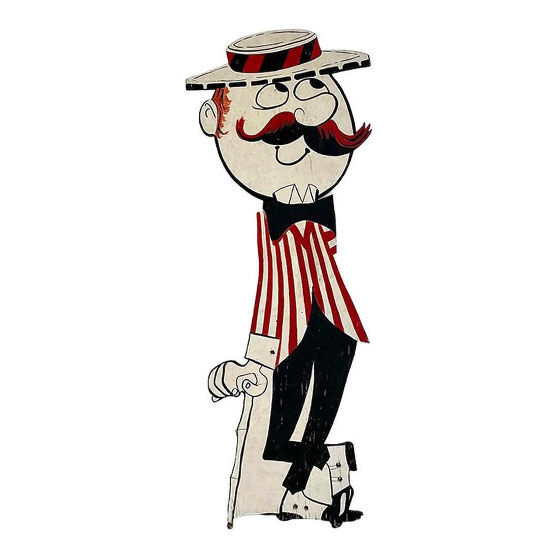 Hand-Painted Folk Art Wooden Carnival Barker Figure 59" Tall: Hand-Painted Folk Art Wooden Carnival Barker Figure 59" Tall This vintage wooden character sign features a life-size, hand-painted cutout of a gentleman with a handlebar mustache, straw boater hat, an