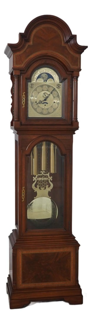 Heritage Heirlooms Inlaid Mahogany Grandfather Clock 90.5 Inches Tall: Heritage Heirlooms Inlaid Mahogany Grandfather Clock 90.5 Inches Tall This exquisite Heritage Heirlooms Grandfather Clock features a stunning inlaid cherry mahogany design, showcasing high-quality cra