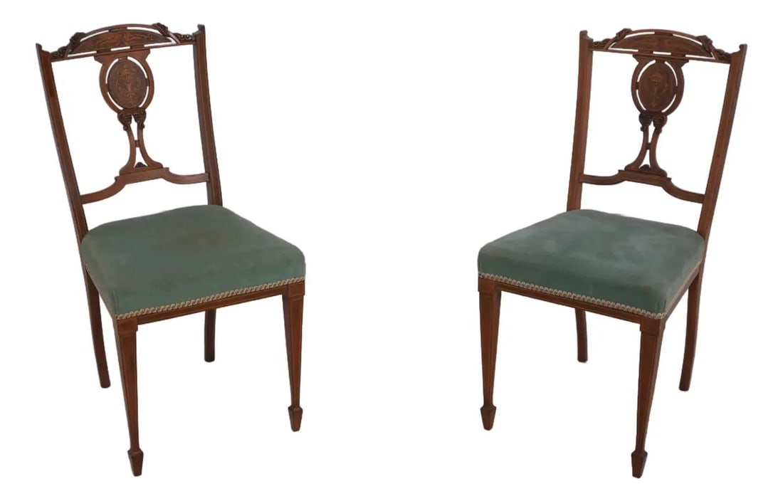 Antique Edwardian Rosewood Chairs by James Schoolbred with Green Upholstery: Antique Edwardian Rosewood Chairs by James Schoolbred with Green Upholstery Discover this exquisite pair of antique Edwardian chairs, crafted from high-quality rosewood and dating back approximately 1
