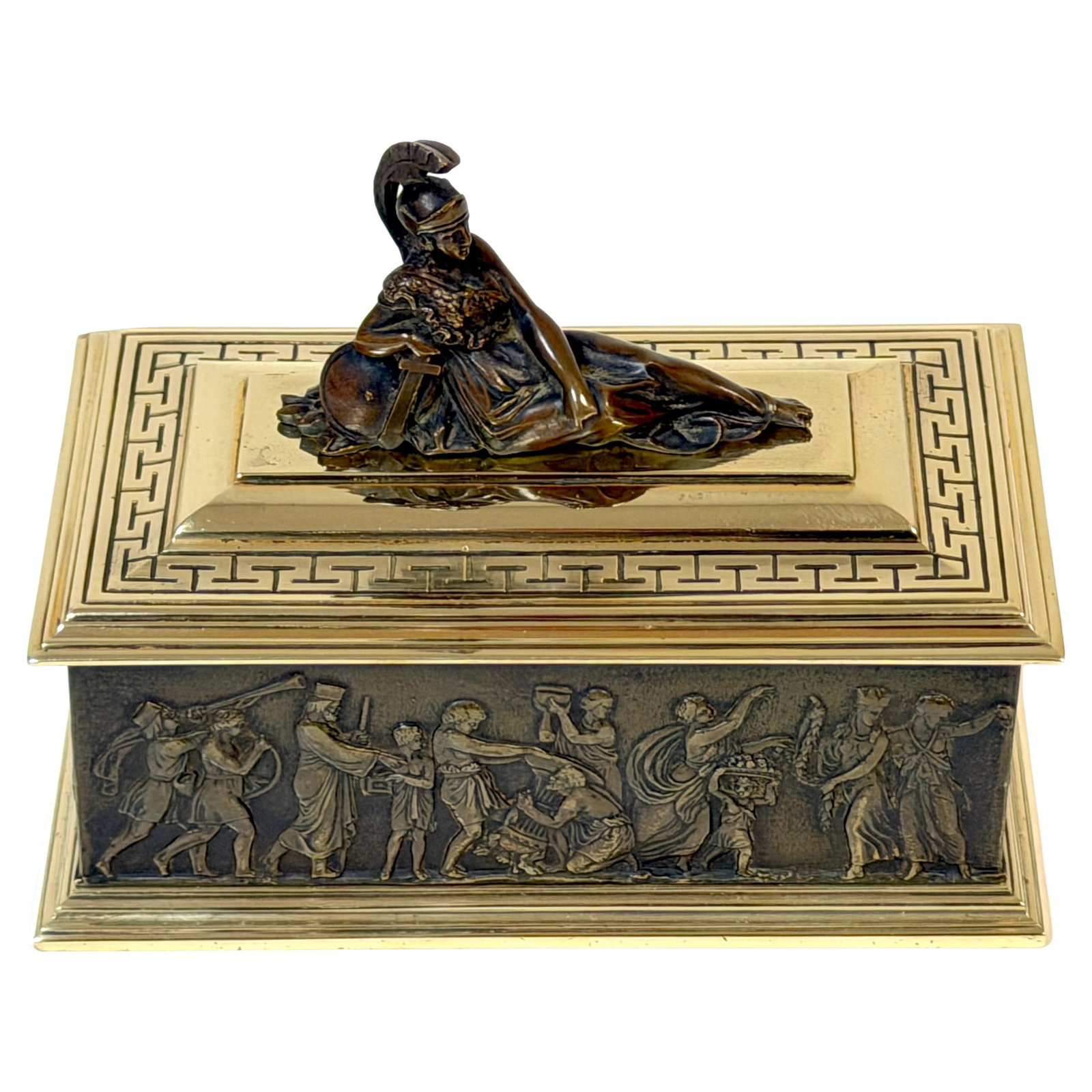 Grand Tour Bronze Casket with Athena and Greek Frieze Attributed to Henri Picard: Grand Tour Bronze Casket with Athena and Greek Frieze Attributed to Henri Picard This Grand Tour archaeological revival bronze casket is attributed to Henri Picard, Paris, and dates to the late 19th c