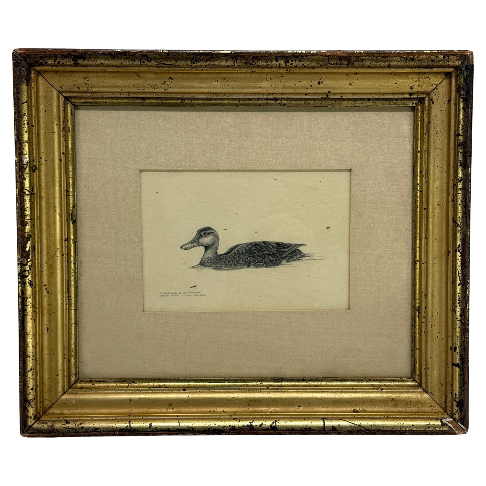 Kathleen Jessica O'Leary 1980 Black Duck Pencil Drawing in 19th Century Frame: Kathleen Jessica O'Leary 1980 Black Duck Pencil Drawing in 19th Century Frame Discover a stunning naturalistic pencil drawing of a black duck by artist Kathleen Jessica O'Leary, dated 1980. This exqui