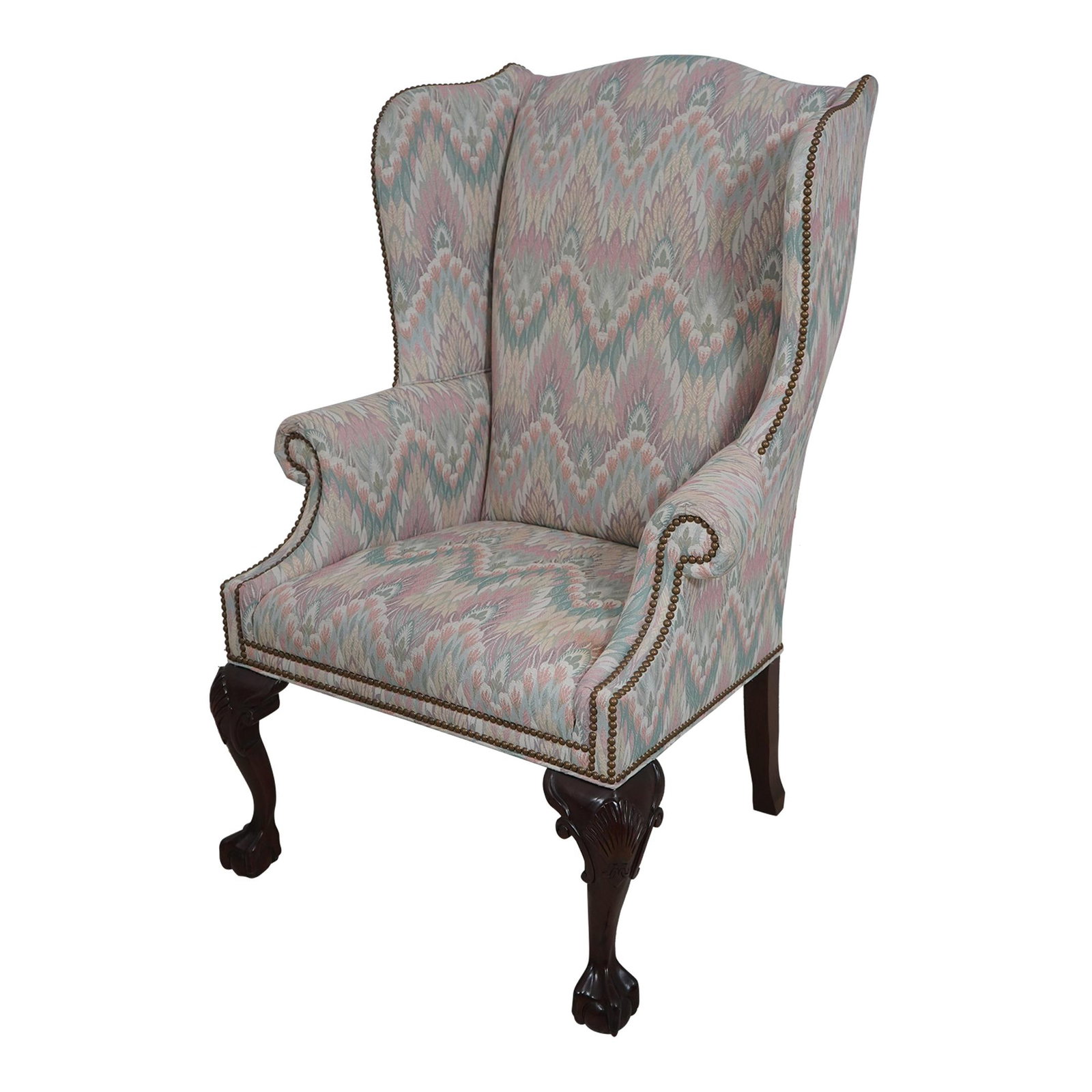 Sherrill Chippendale Wing Chair Ball & Claw Feet Brown Upholstery: Sherrill Chippendale Wing Chair Ball & Claw Feet Brown Upholstery This Sherrill Large Ball & Claw Upholstered Wing Chair showcases a classic Chippendale style with elegant ball and claw feet. Approxim