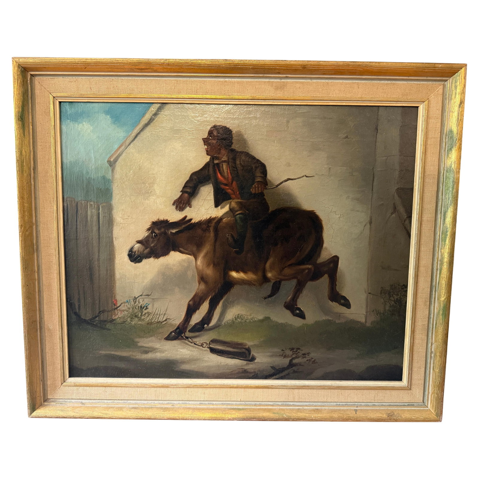 40 Acres and a Mule Satirical Folk Art Painting 19th Century American School: 40 Acres and a Mule Satirical Folk Art Painting 19th Century American School This captivating satirical folk art painting titled "40 Acres and a Mule" is an oil on canvas piece from the late 19th cent