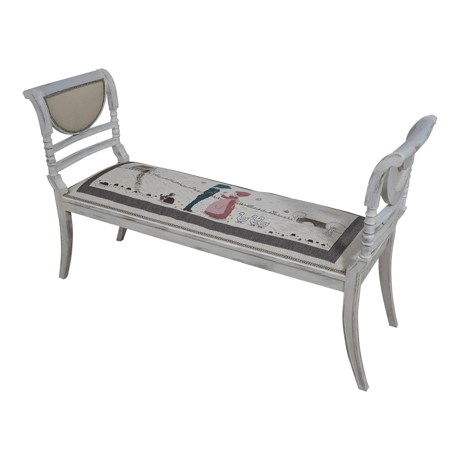 Country Style Upholstered Regency Bench with Rustic Finish: Country Style Upholstered Regency Bench with Rustic Finish This Country Style Upholstered Regency Style Bench is a beautiful addition to any home, showcasing quality construction and a rustic painted 
