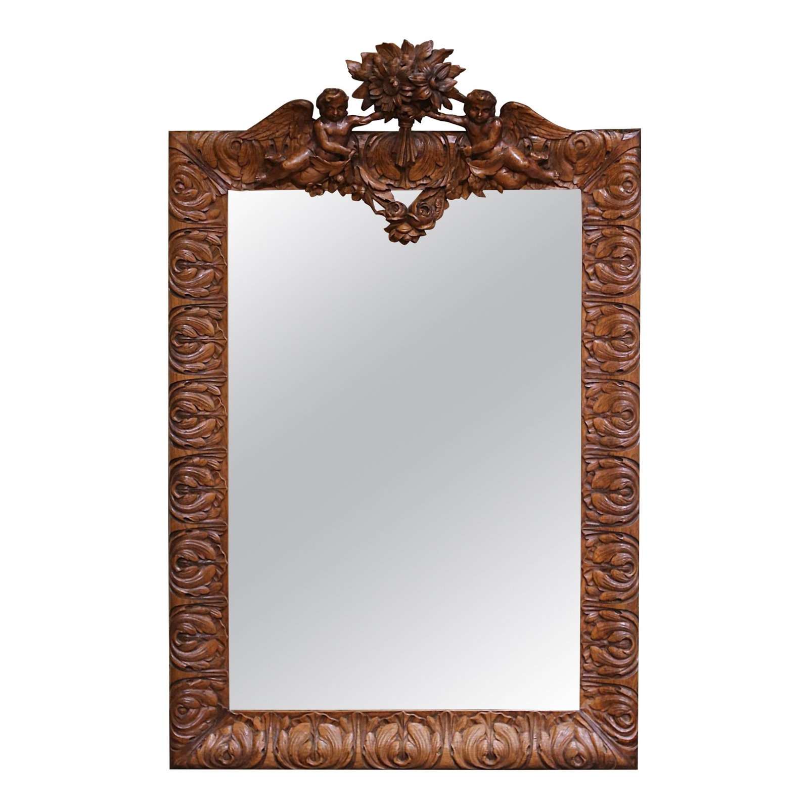 French Louis XV Oak Wall Mirror with Carved Cherubs and Floral Motif Circa 1860: French Louis XV Oak Wall Mirror with Carved Cherubs and Floral Motif Circa 1860 This late 19th century French Louis XV style wall mirror is expertly hand-carved from solid oak, featuring a rectangular