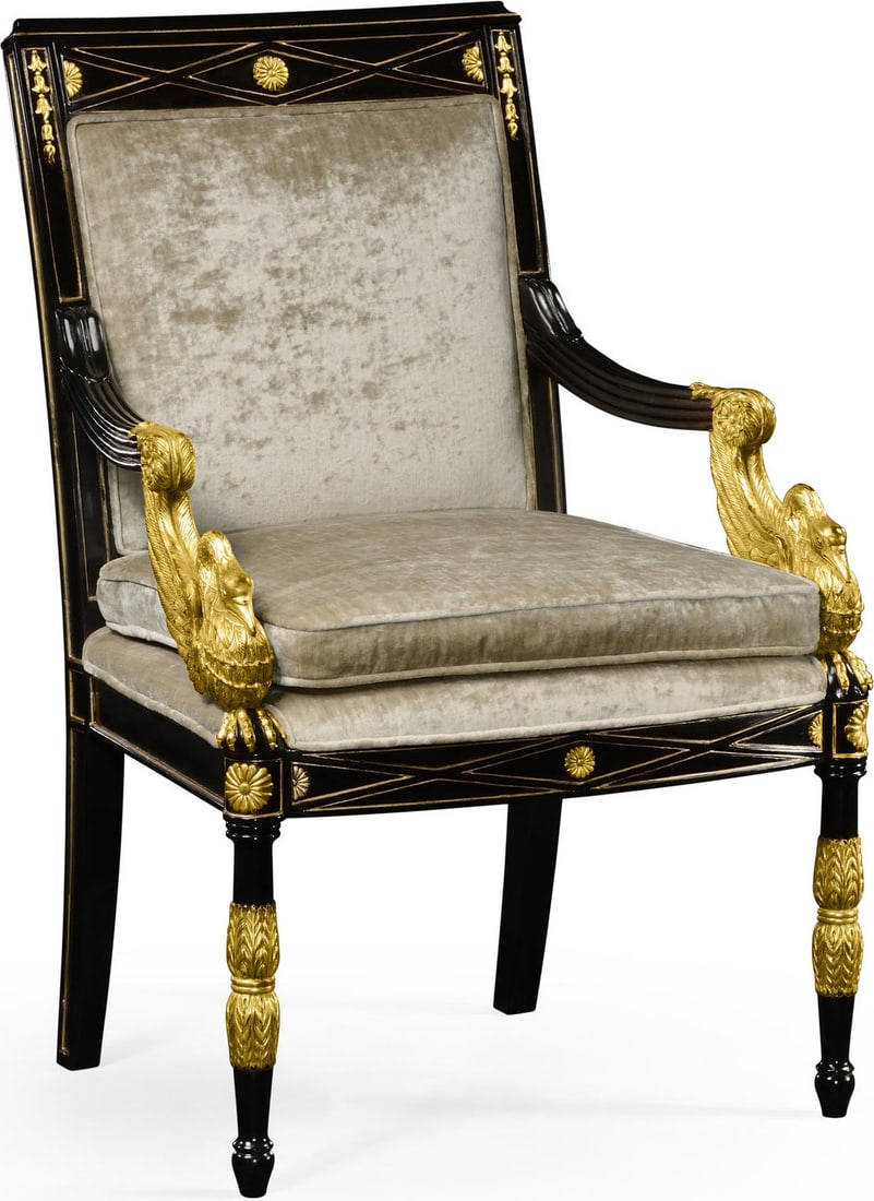 Kensington Collection French Empire Gilded Arm Chair with Carved Detailing: Kensington Collection French Empire Gilded Arm Chair with Carved Detailing This French Empire style armchair features a gilded finish and detailed carved accents. Inspired by antique and vintage desig