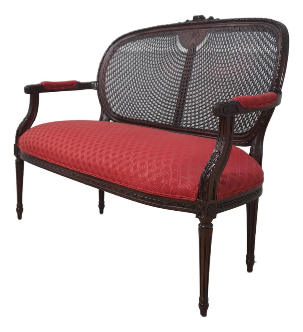 Fairfield Mahogany French Louis XVI Cane Back Settee with Upholstered Seat: Fairfield Mahogany French Louis XVI Cane Back Settee with Upholstered Seat This elegant Fairfield Mahogany French Louis XVI Cane Back Settee combines timeless design with high-quality craftsmanship. F