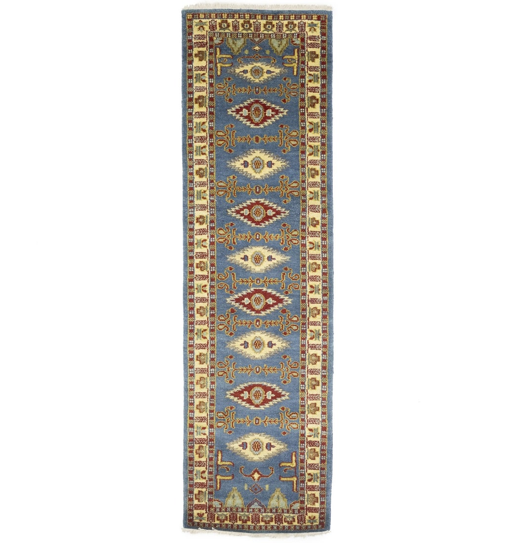 Hand-Knotted Wool Kazak Hallway Runner Rug 2'7 x 9'11 Tribal Geometric Pattern: Hand-Knotted Wool Kazak Hallway Runner Rug 2'7 x 9'11 Tribal Geometric Pattern This is a pre-owned, hand-knotted Kazak runner rug featuring a tribal geometric pattern in shades of blue, cream, orange-