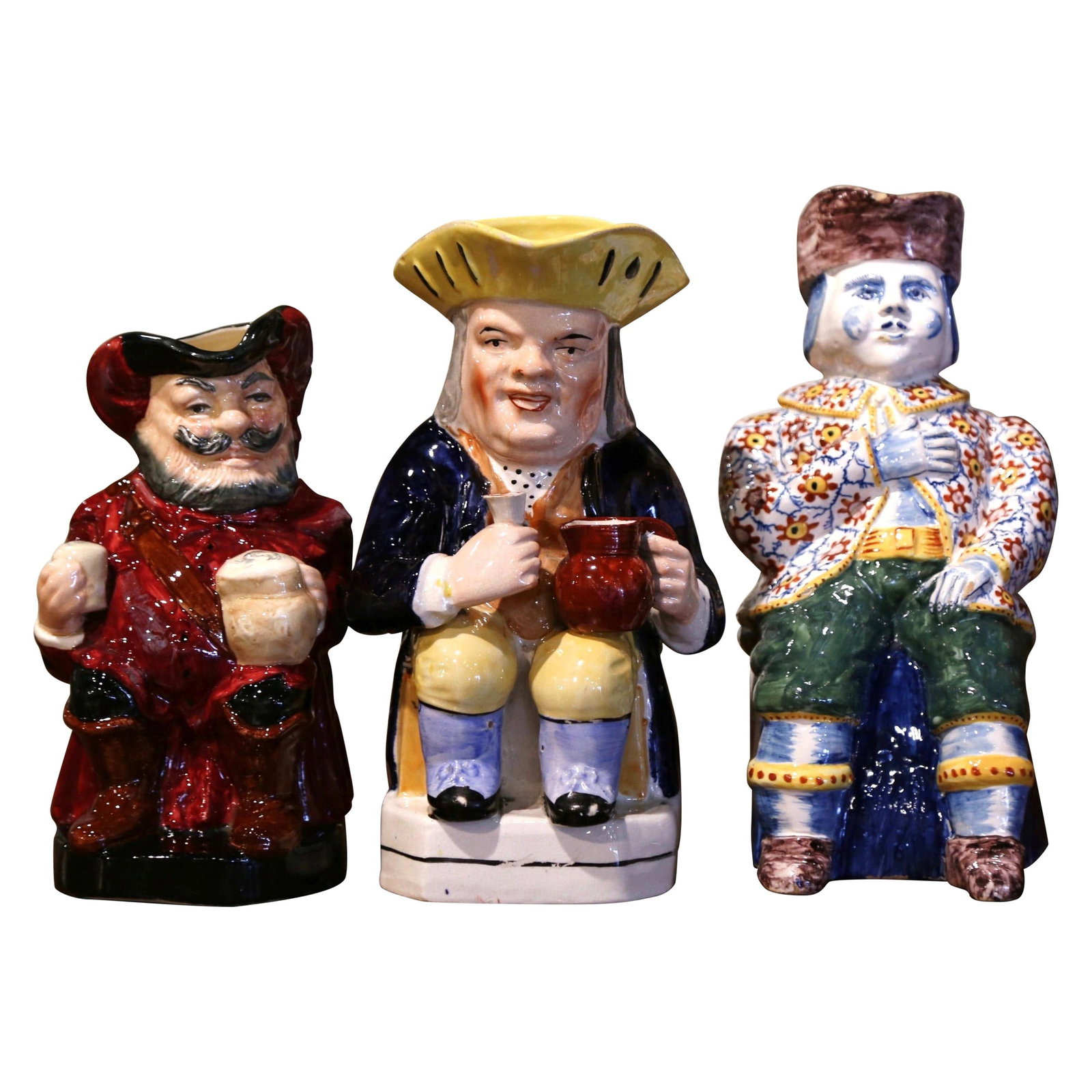 19th Century English Majolica Pitchers Set of 3 Royal Doulton Onnaing: 19th Century English Majolica Pitchers Set of 3 Royal Doulton Onnaing Enhance your wet bar or dining area with this delightful set of three antique majolica pitchers from England, crafted circa 1890. 