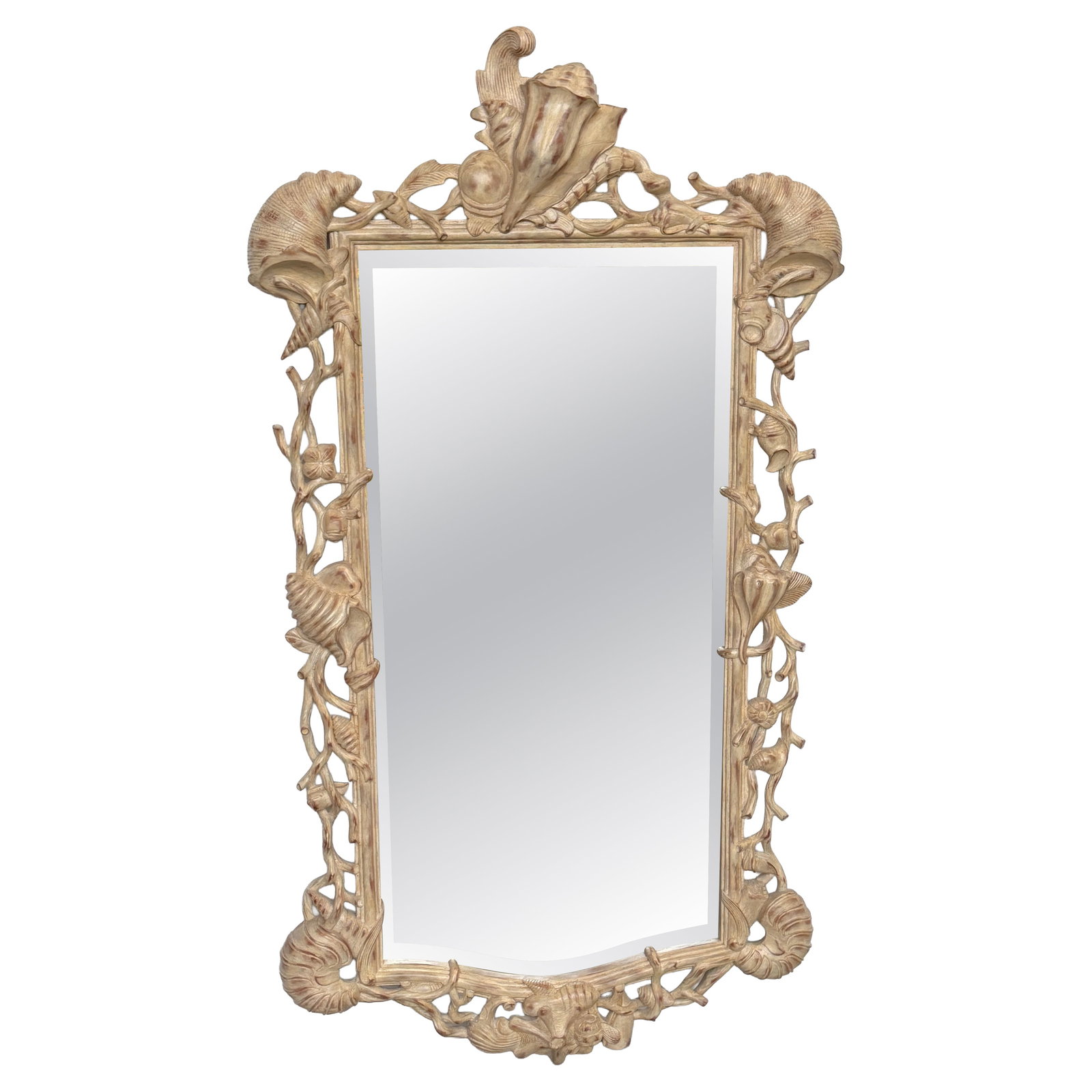 Neoclassical Italian Grotto Mirror with Hand-Carved Shell and Coral Motifs: Neoclassical Italian Grotto Mirror with Hand-Carved Shell and Coral Motifs This Italian hand-carved wall mirror features an intricate shell and coral reef motif inspired by marine grotto decoration. C