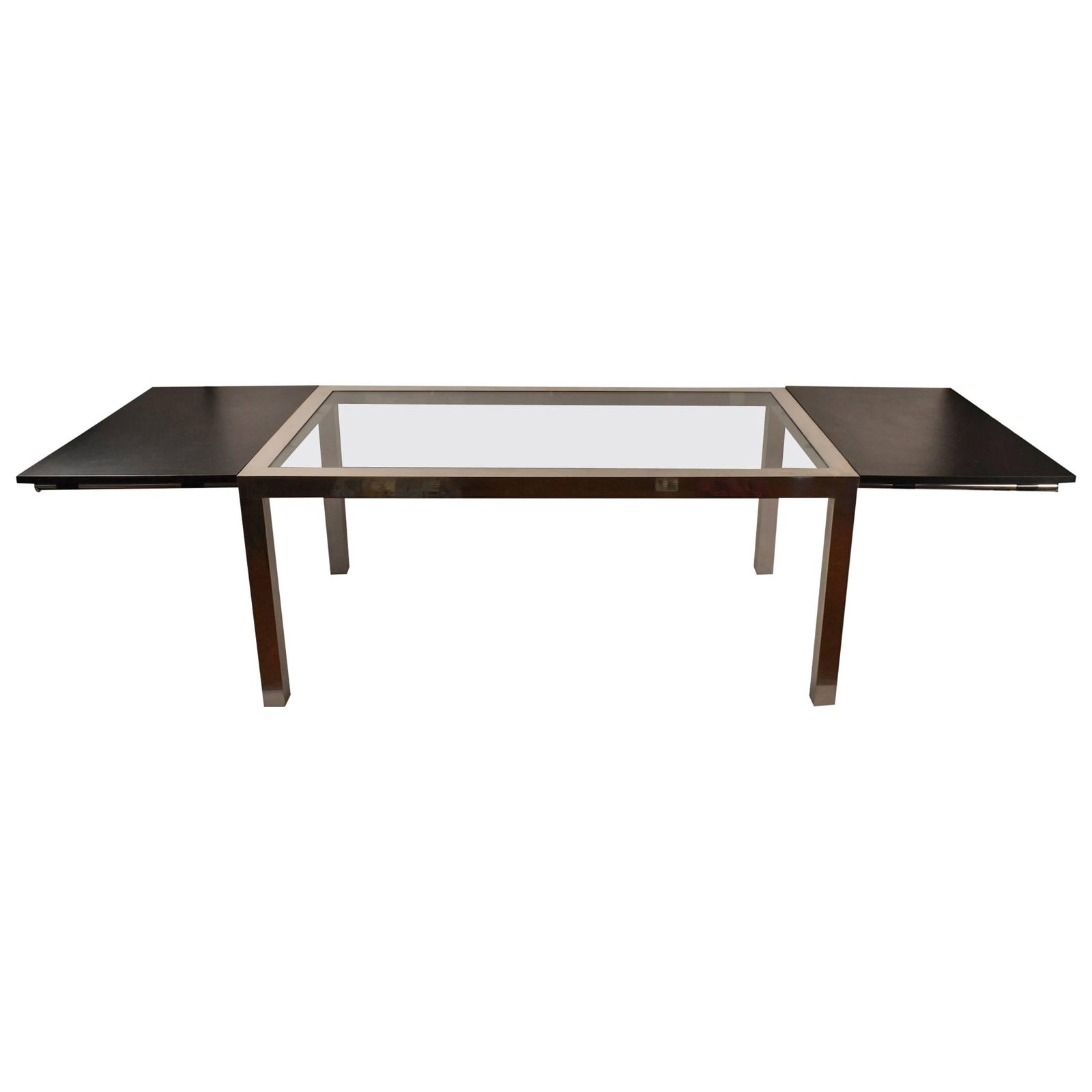 Aluminum Base Parsons Table with Black Formica Leaves 108" Wide: Aluminum Base Parsons Table with Black Formica Leaves 108" Wide This stylish aluminum base Parsons dining table features a sleek plate glass top complemented by two black formica leaves, offering vers