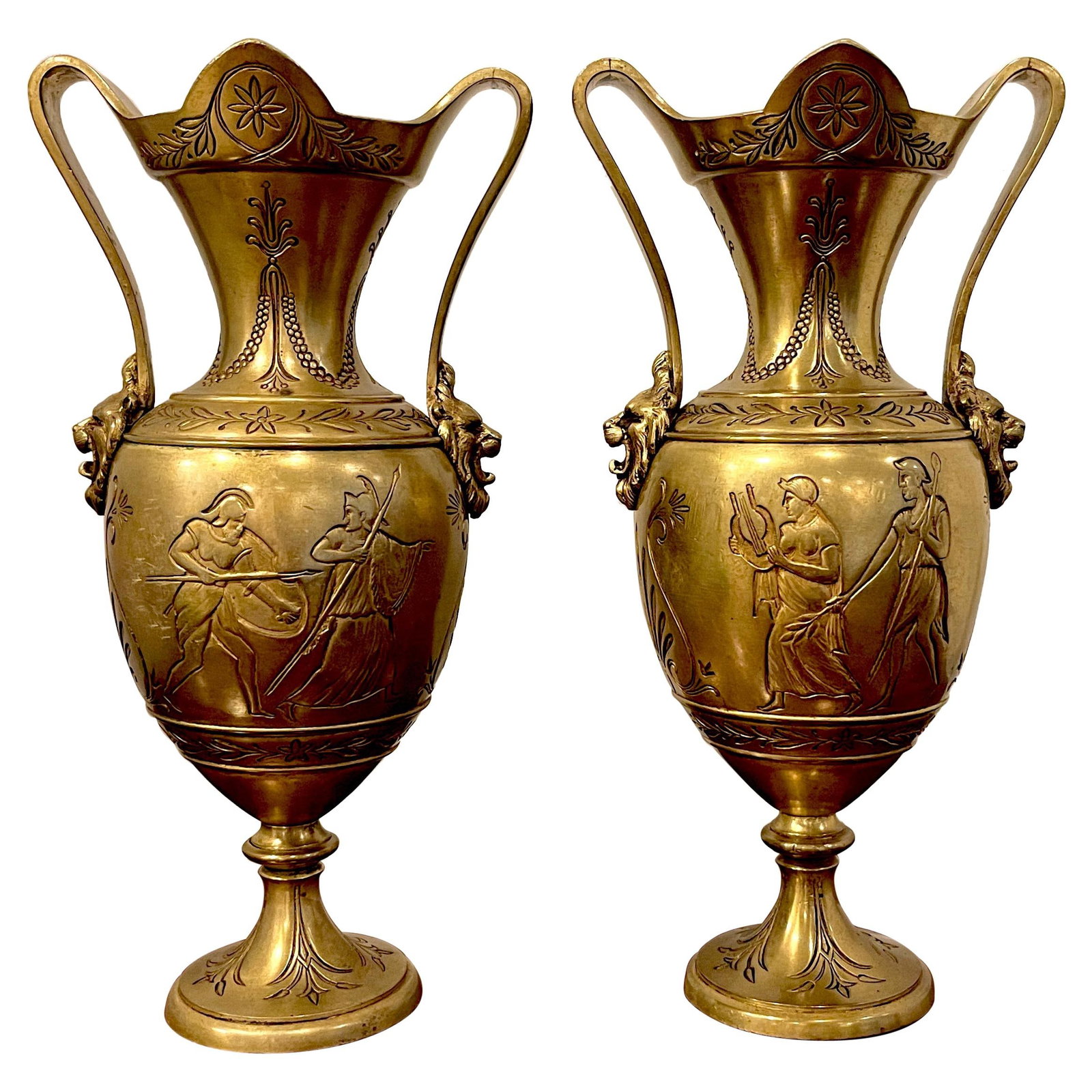 Set of 2 Neo-Grec Gilt Bronze Vases by F. Barbedienne: Set of 2 Neo-Grec Gilt Bronze Vases by F. Barbedienne This exquisite pair of Grand Tour 'Neo-Grec' gilt bronze vases, attributed to the renowned F. Barbedienne Foundry, showcases the elegance of the L